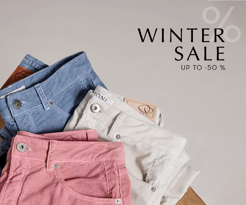 Various TONI trousers made of fine corduroy in blue, pink and off-white – teaser for the SALE category with up to 50% off