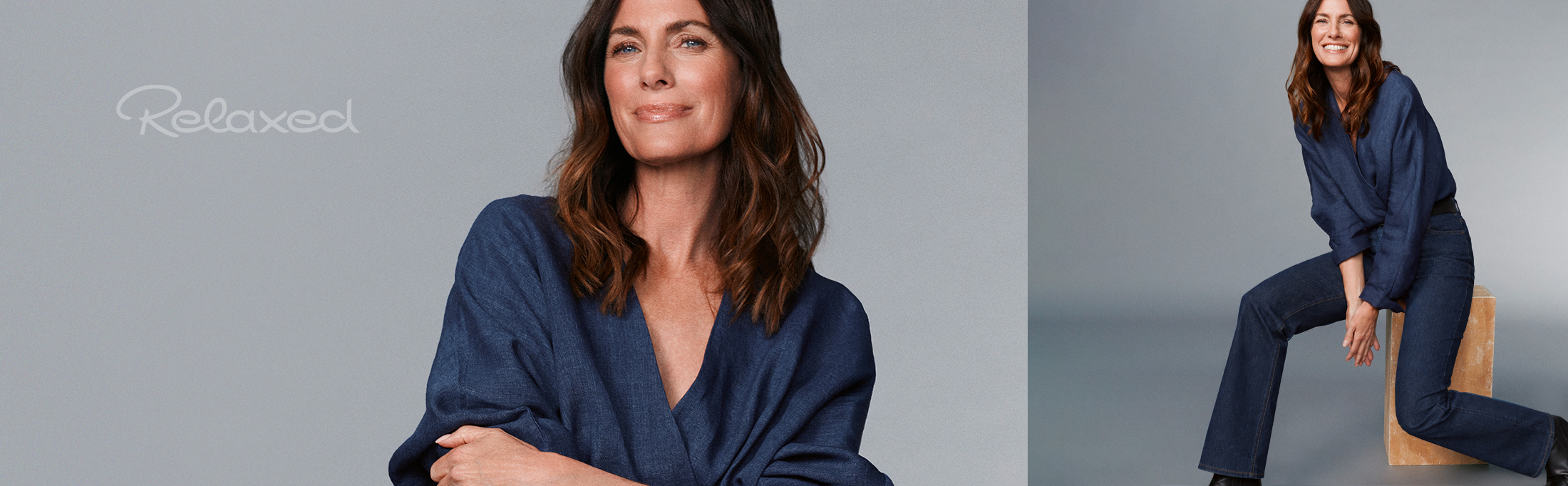 Collage featuring a smiling woman wearing a dark blue blouse and wide-leg jeans against a grey background – hero teaser for the RELAXED brand and its Comfort Meets Style collection