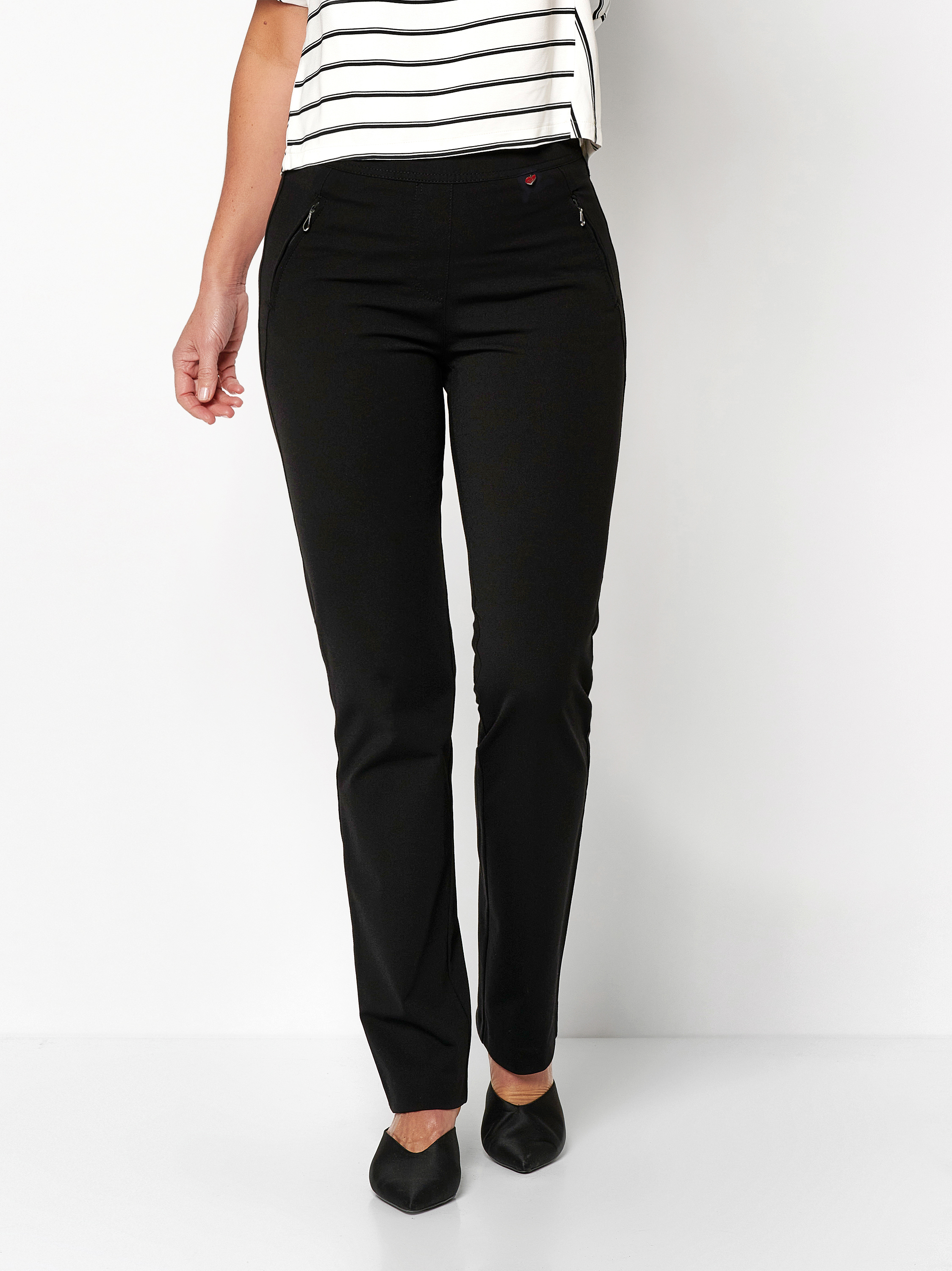 Womens trousers Alice Slim in black, jersey trousers with zip pockets, front view worn by model