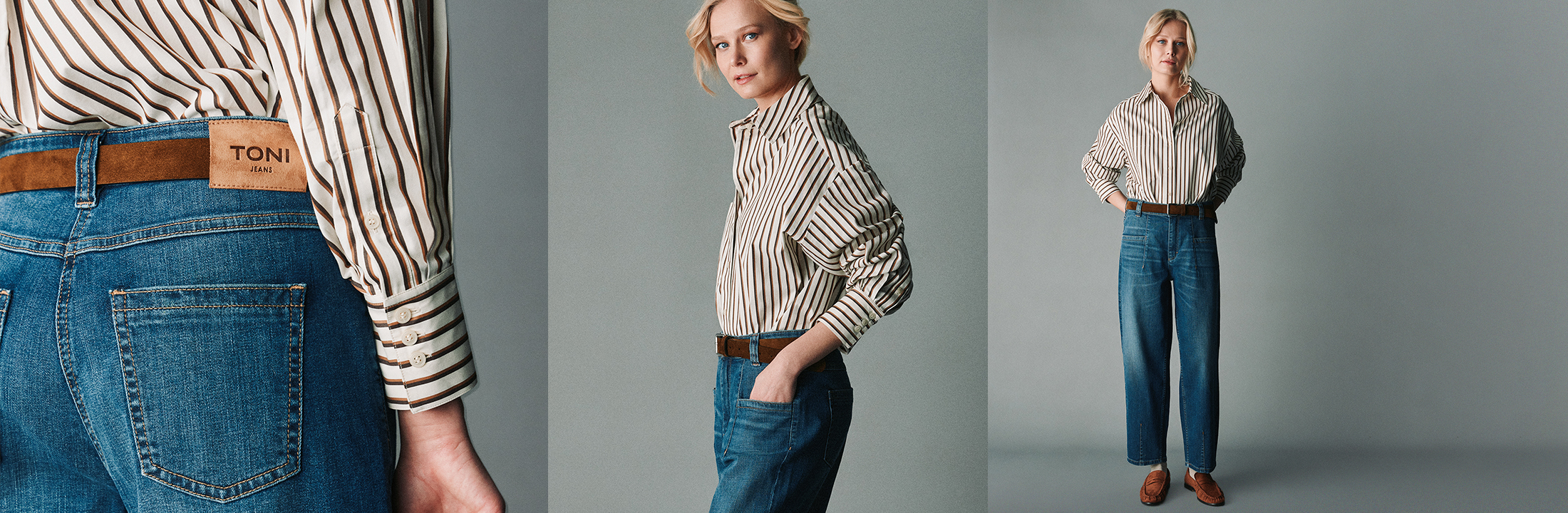Woman wearing a striped blouse and wide-leg jeans against a grey background – hero teaser for the TONI Autumn 2026 New Arrivals