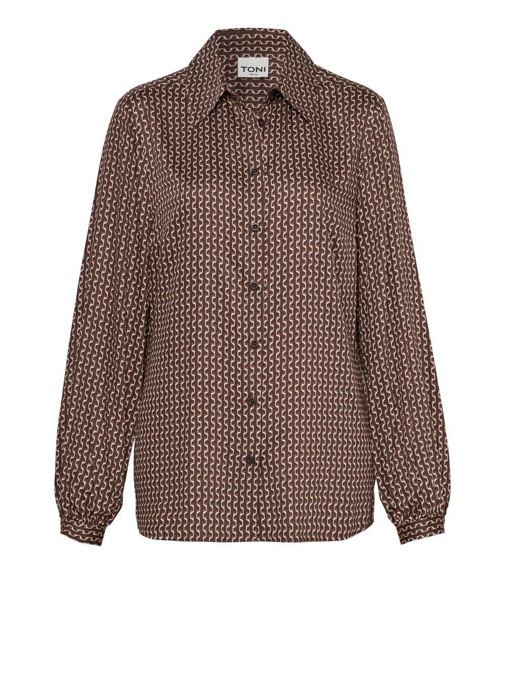 Damenbluse Coco in Dunkelbraun, Bluse mit grafischem Print, freigestellte Produktansicht