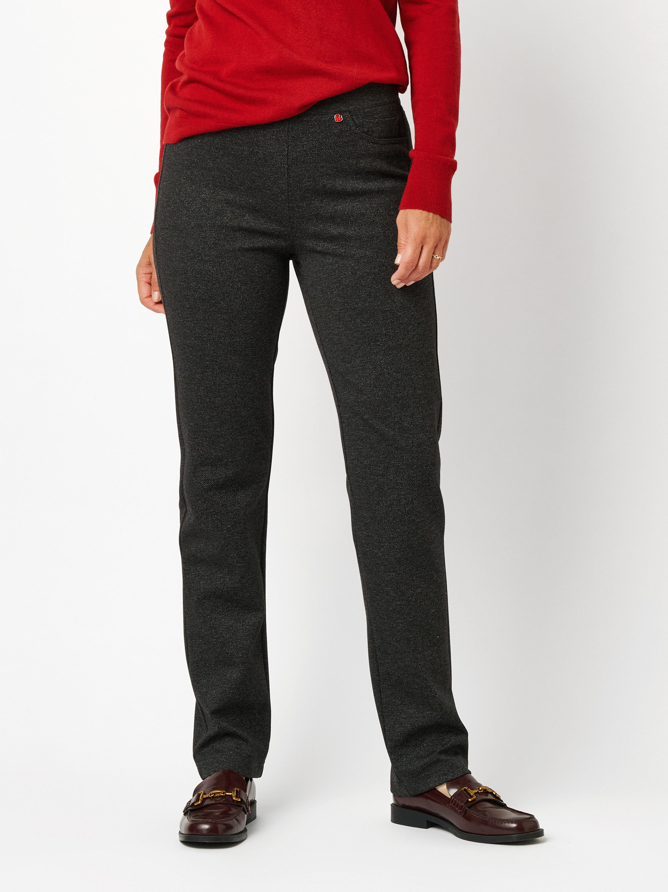 Damenhose Alice in Anthrazit, Schlupfhose in Tweed-Optik, Frontansicht am Model getragen