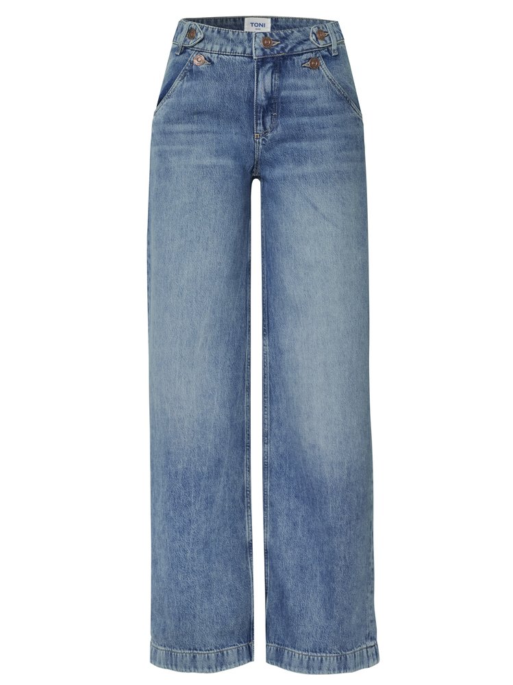 Damenjeans Ella Wide in blue, Wide Leg Jeans mit Knopfdetails, freigestellte Produktansicht