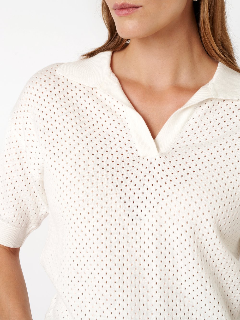 Damenpolo Greta in offwhite, Poloshirt aus Lochstrick, Detailansicht