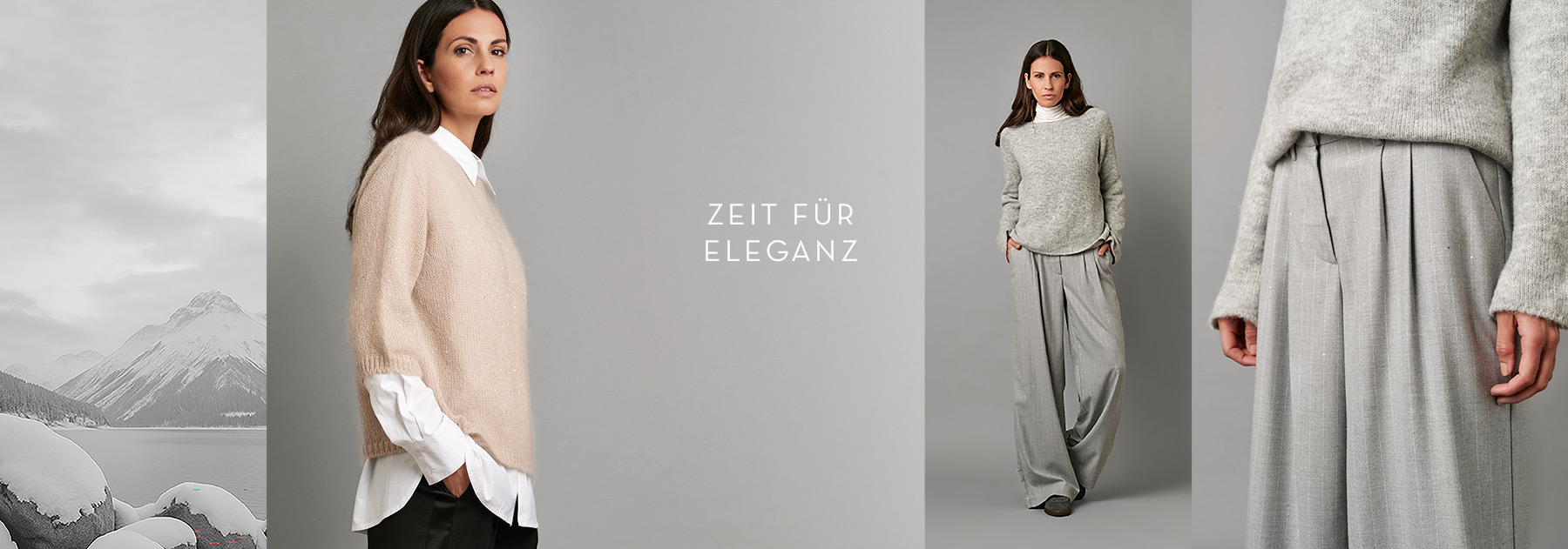 Modell trägt weite Hose in Gabardine und fließende Bluse mit Volumenärmeln – eleganter Look mit Leichtigkeit