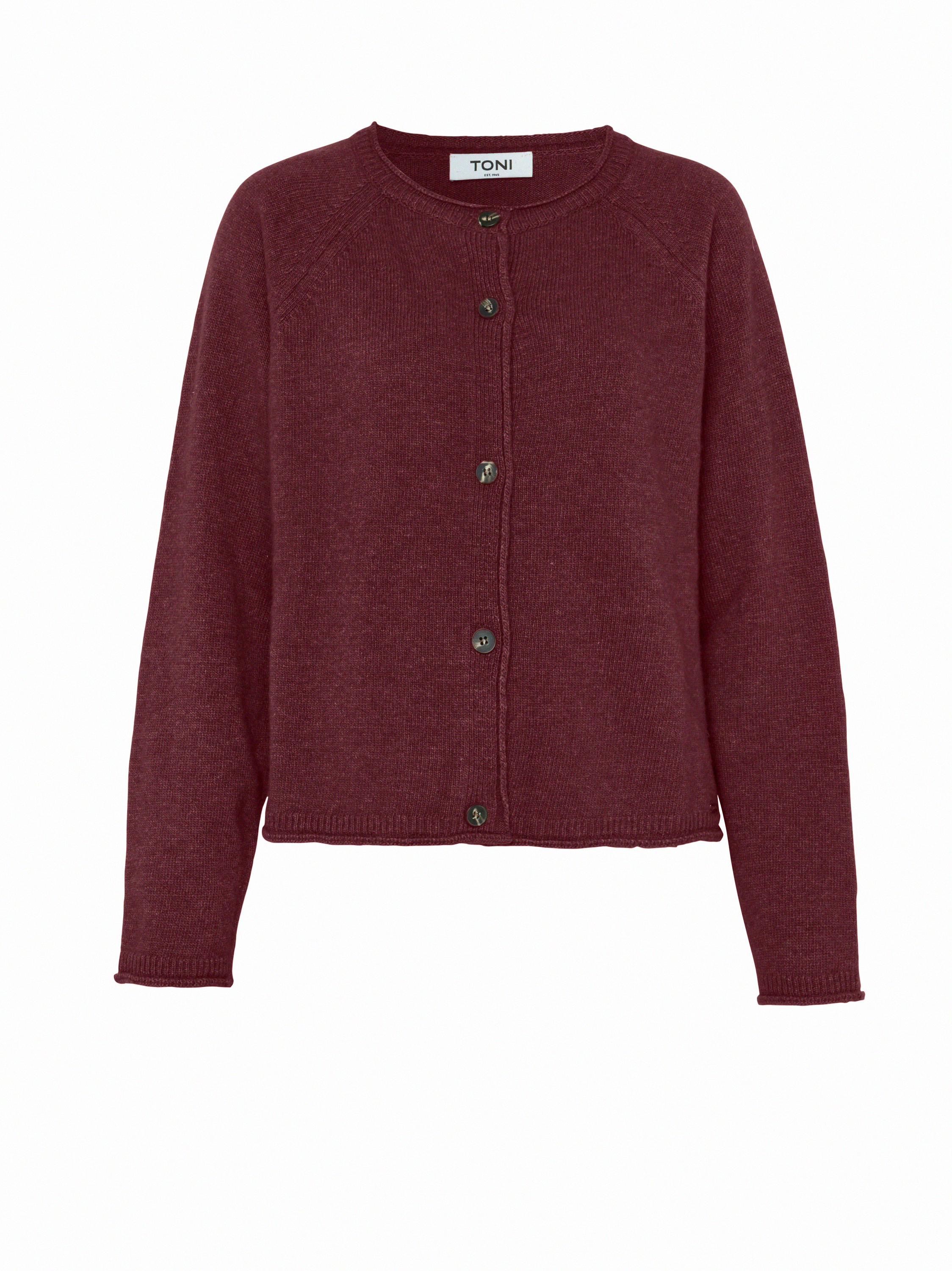 Damenstrickjacke Holy in Bordeaux, Feinstrickcardigan mit Kaschmir, freigestellte Produktansicht