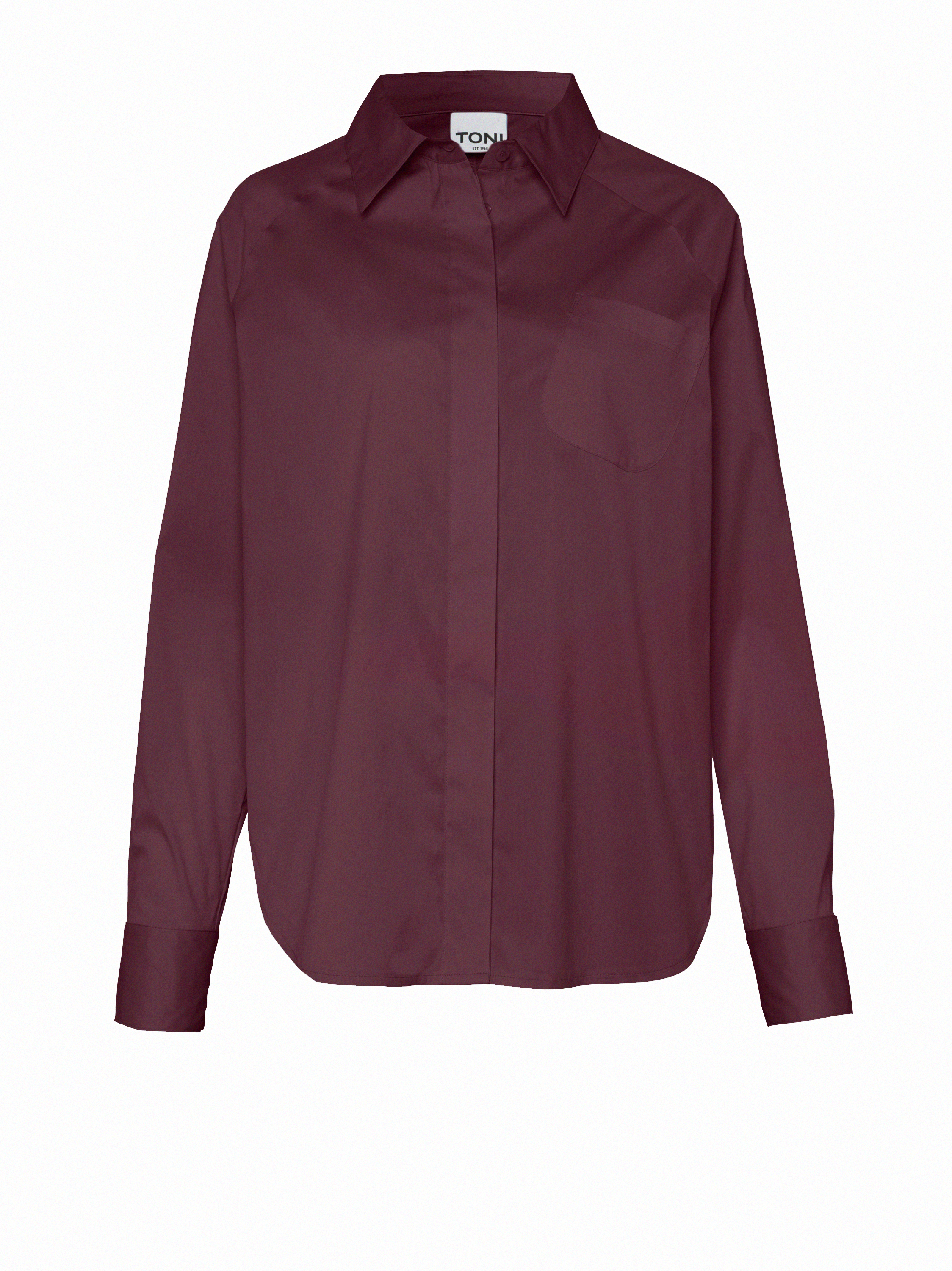 Damenbluse Charly in Bordeaux, Hemdbluse mit schraeger Brusttasche, freigestellte Produktansicht