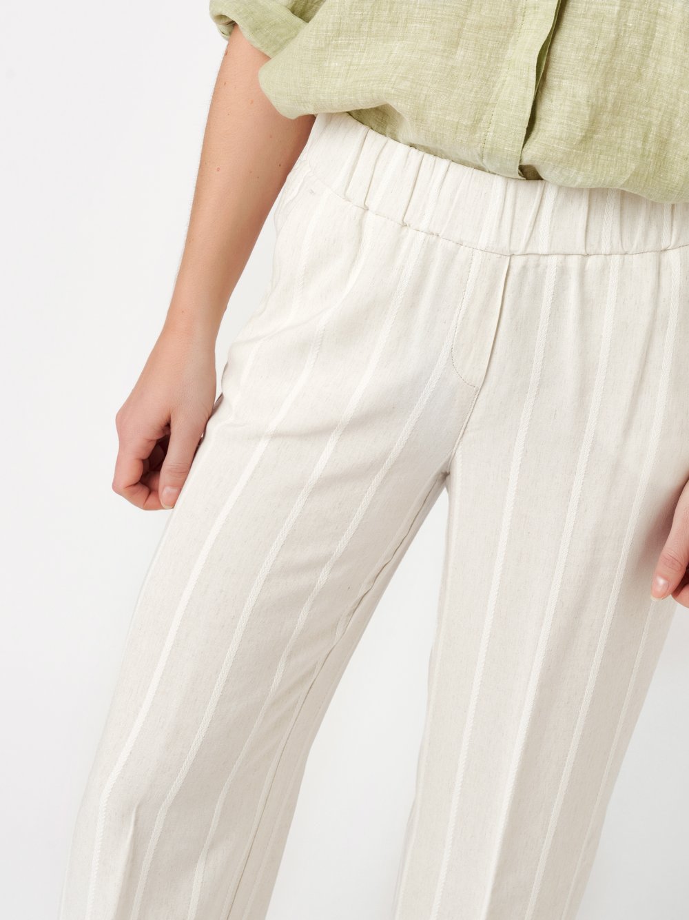 Damenhose Pia Wide in beige / offwhite, weite, gestreifte Leinenhose, Detailansicht