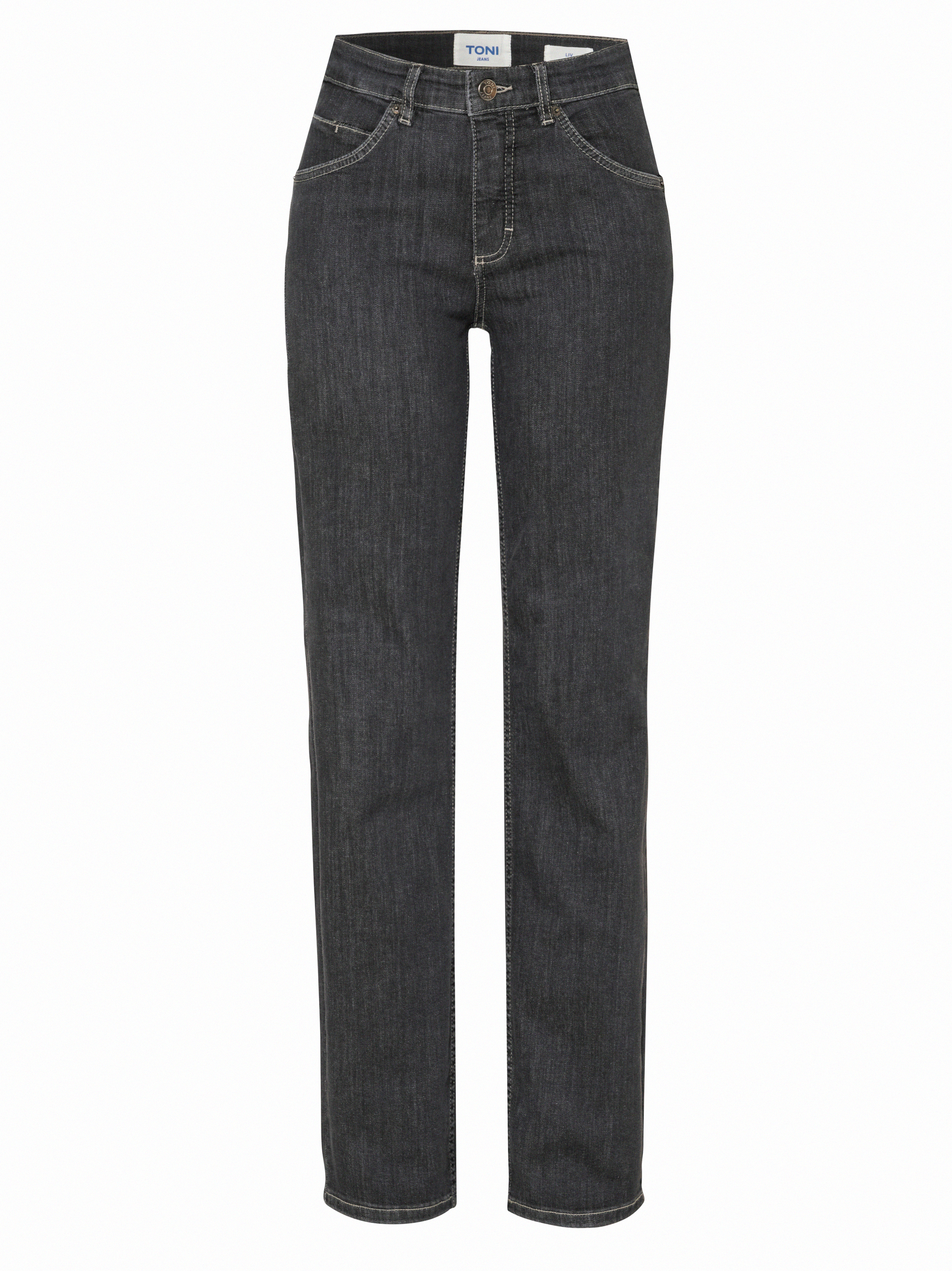 Damenjeans Liv in Grau Used, straight-Fit Jeans aus Colour Denim, freigestellte Produktansicht
