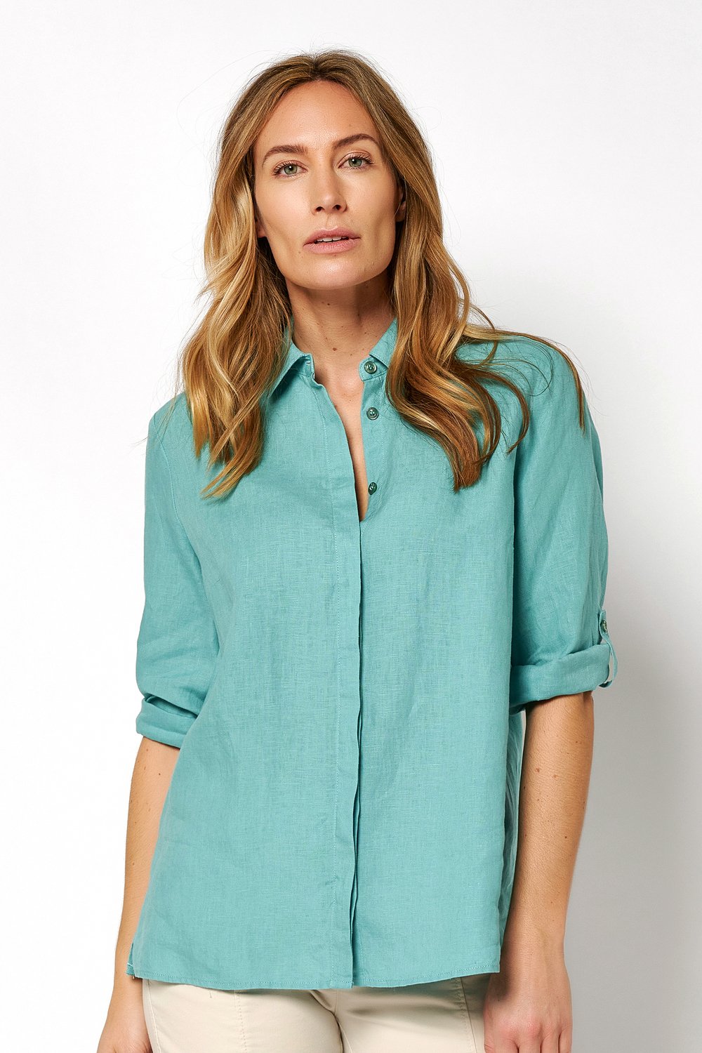 Casual linen blouse | Style »Clay« pool blue