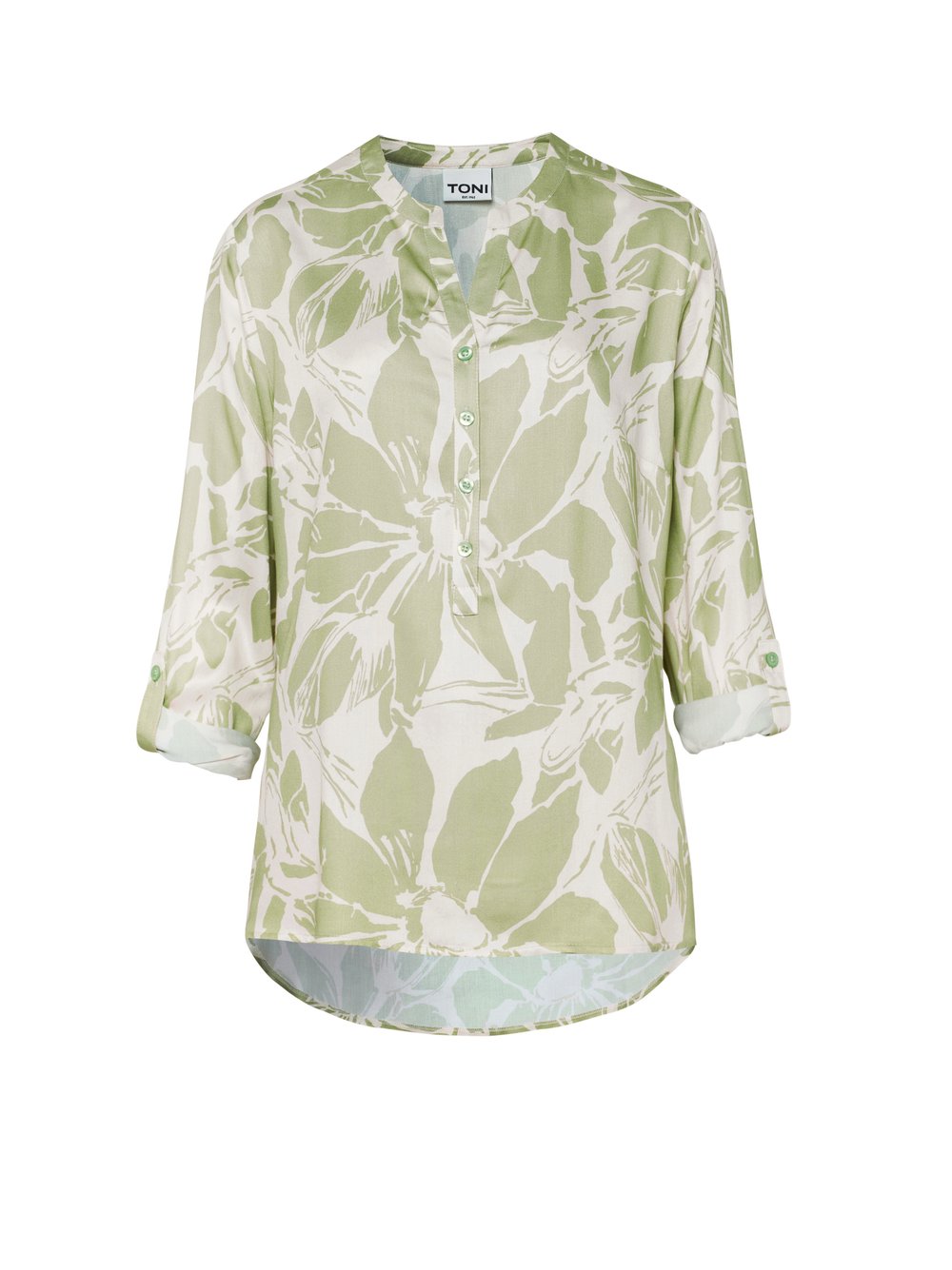 Damenbluse Bella in green / offwhite, Seidige Schlupfbluse mit Flowerprint, freigestellte Produktansicht