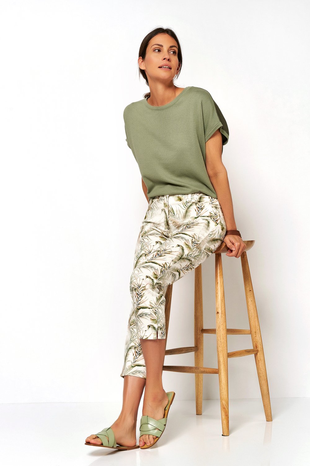 3/4 pants with palm leaves | Style »be loved« ecru/green