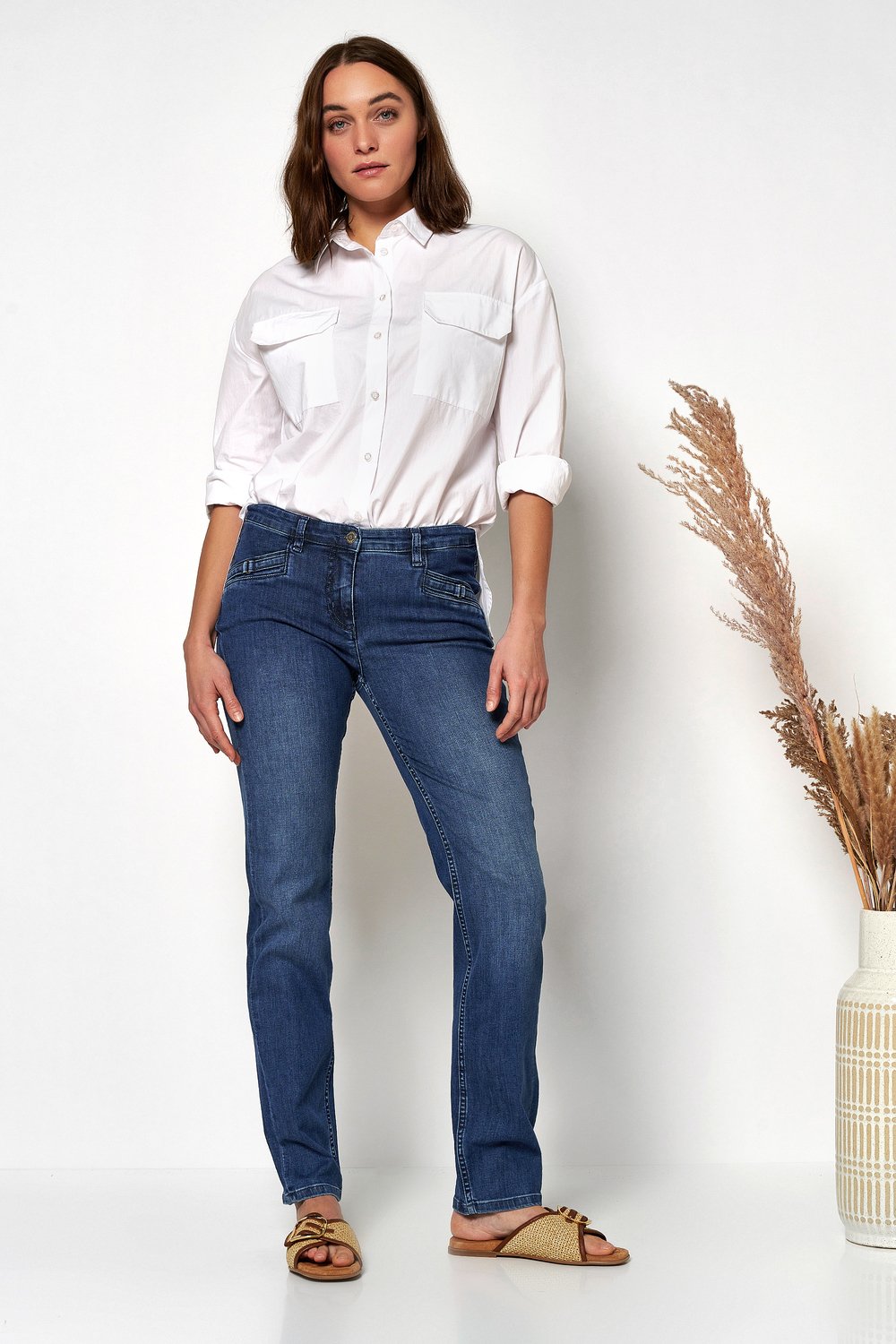 Jeans with pocket buckles | Style »Perfect Shape« dark blue
