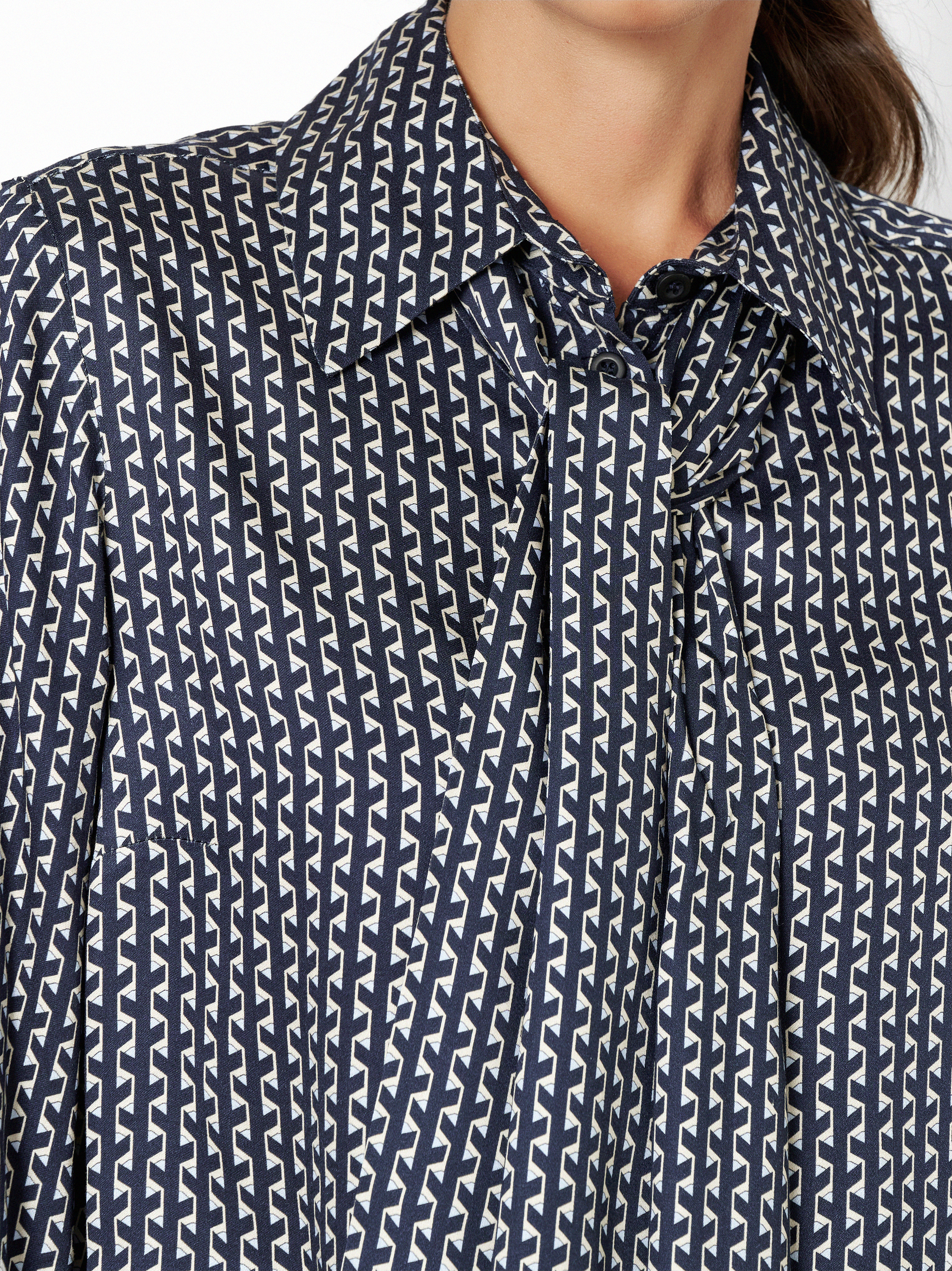 Womens blouse Coco in Navy, bow blouse with graphic print, detail view