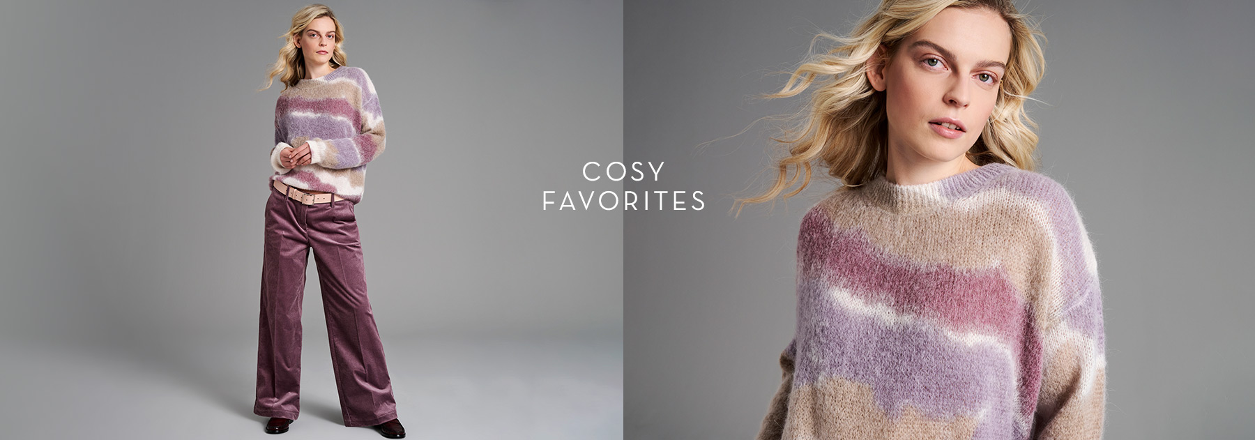 Woman in fluffy striped sweater and corduroy trousers by TONI – teaser for Cozy Favorites category.