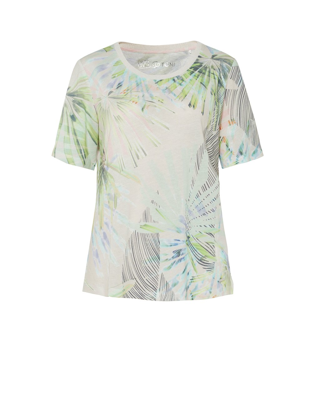 Damenshirt Esra in khaki, Leinenshirt mit tropischem Print, freigestellte Produktansicht