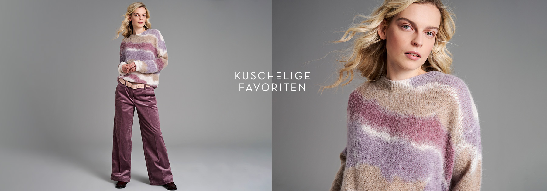 Frau in flauschigem Streifenpullover und Cordhose von TONI – Teaser zur Kategorie Kuschelige Favoriten.