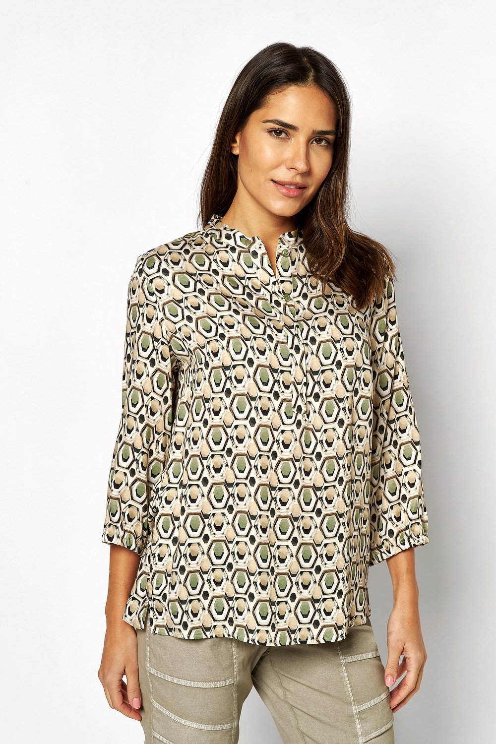 Pull-on blouse with retro print | Style »Alis« multicolour khaki