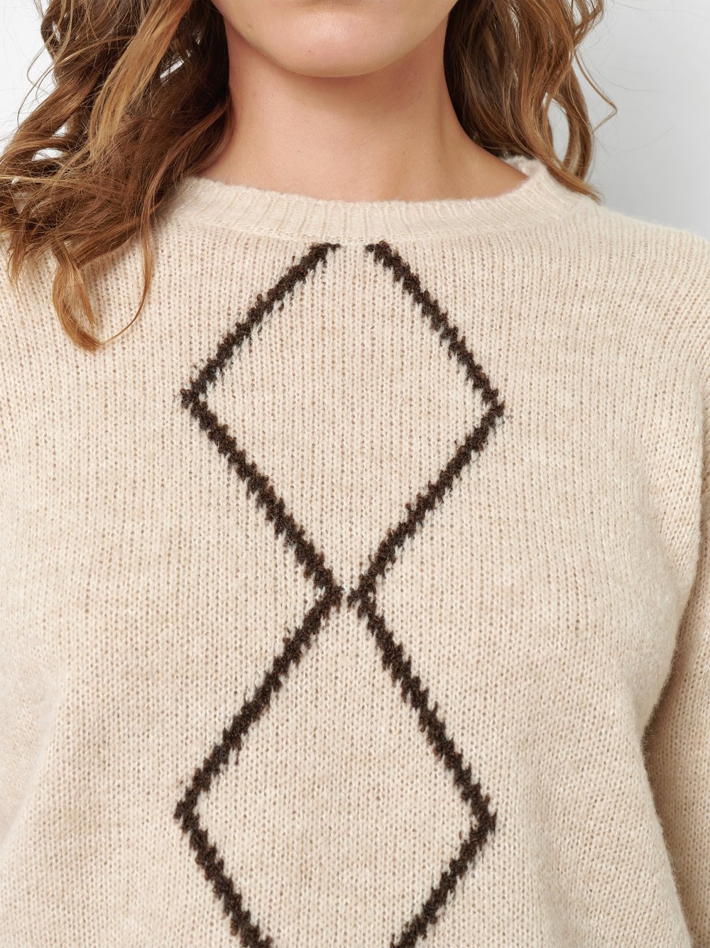 Damenpullover Hedi in Beige, Strickpullover mit Rautendesign, Detailansicht