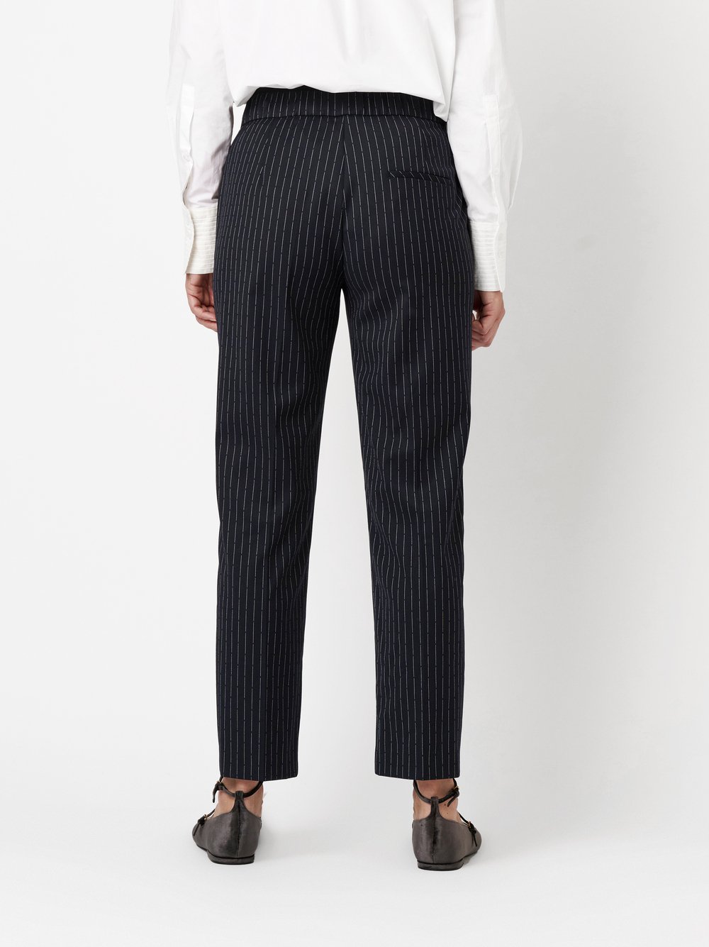 Womens trousers Sue in dark blue, pinstriped trousers with elastic waistband, back view worn by model