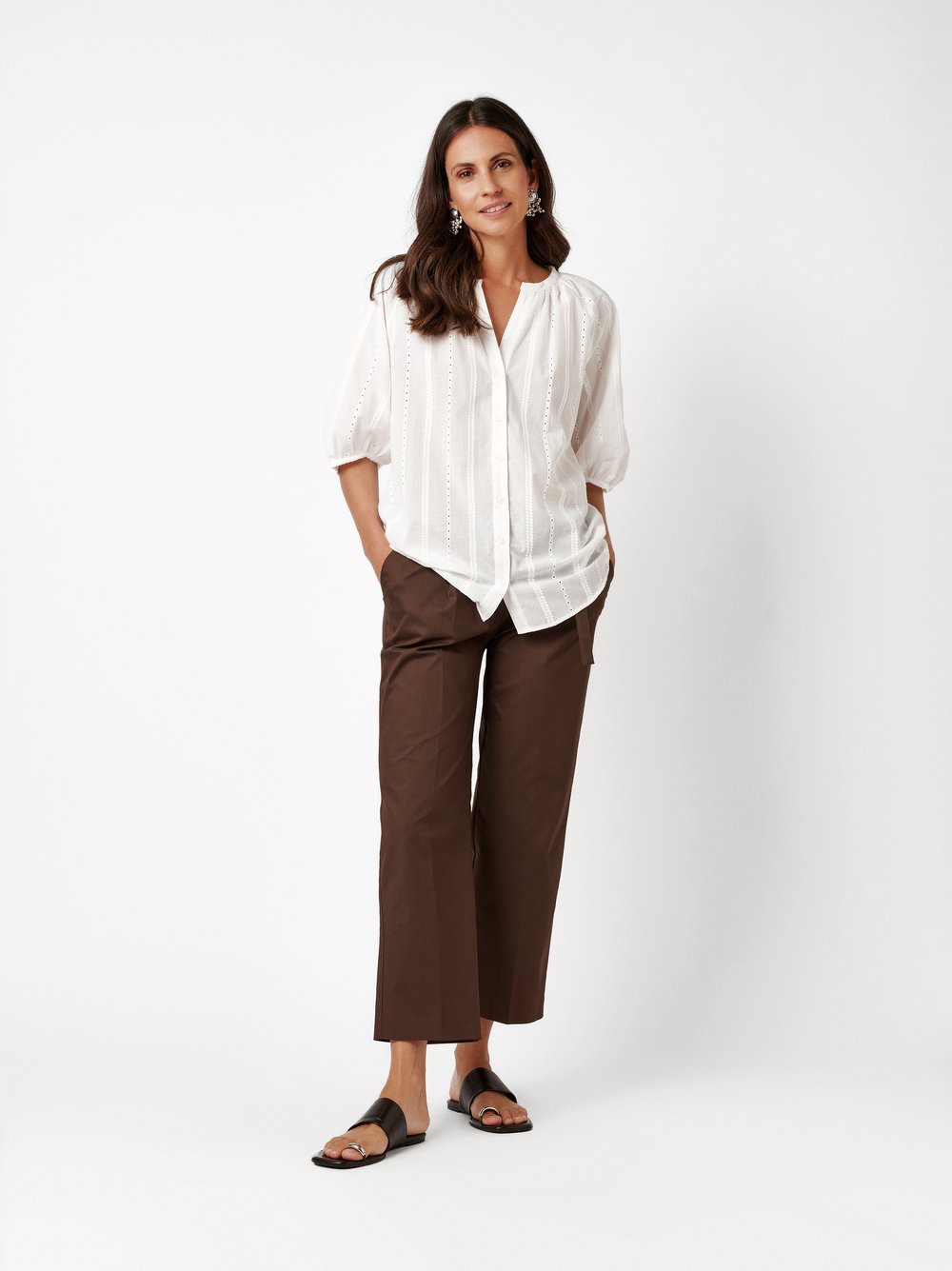 Womens blouse Conni in offwhite, cotton blouse with delicate broderie anglaise, outfit view worn by model