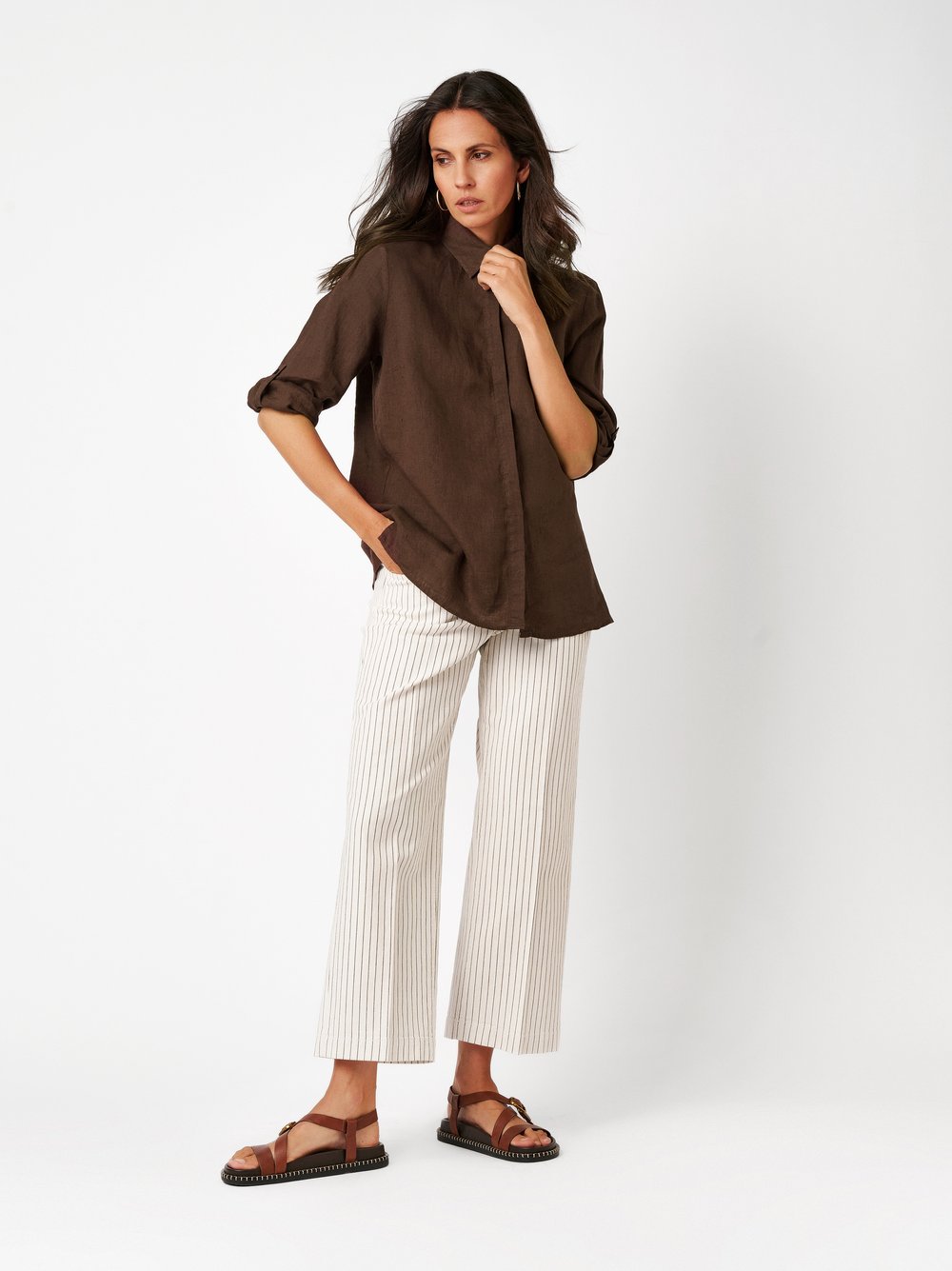 Womens blouse Clay in dark brown, relaxed linen shirt, outfit view worn by model