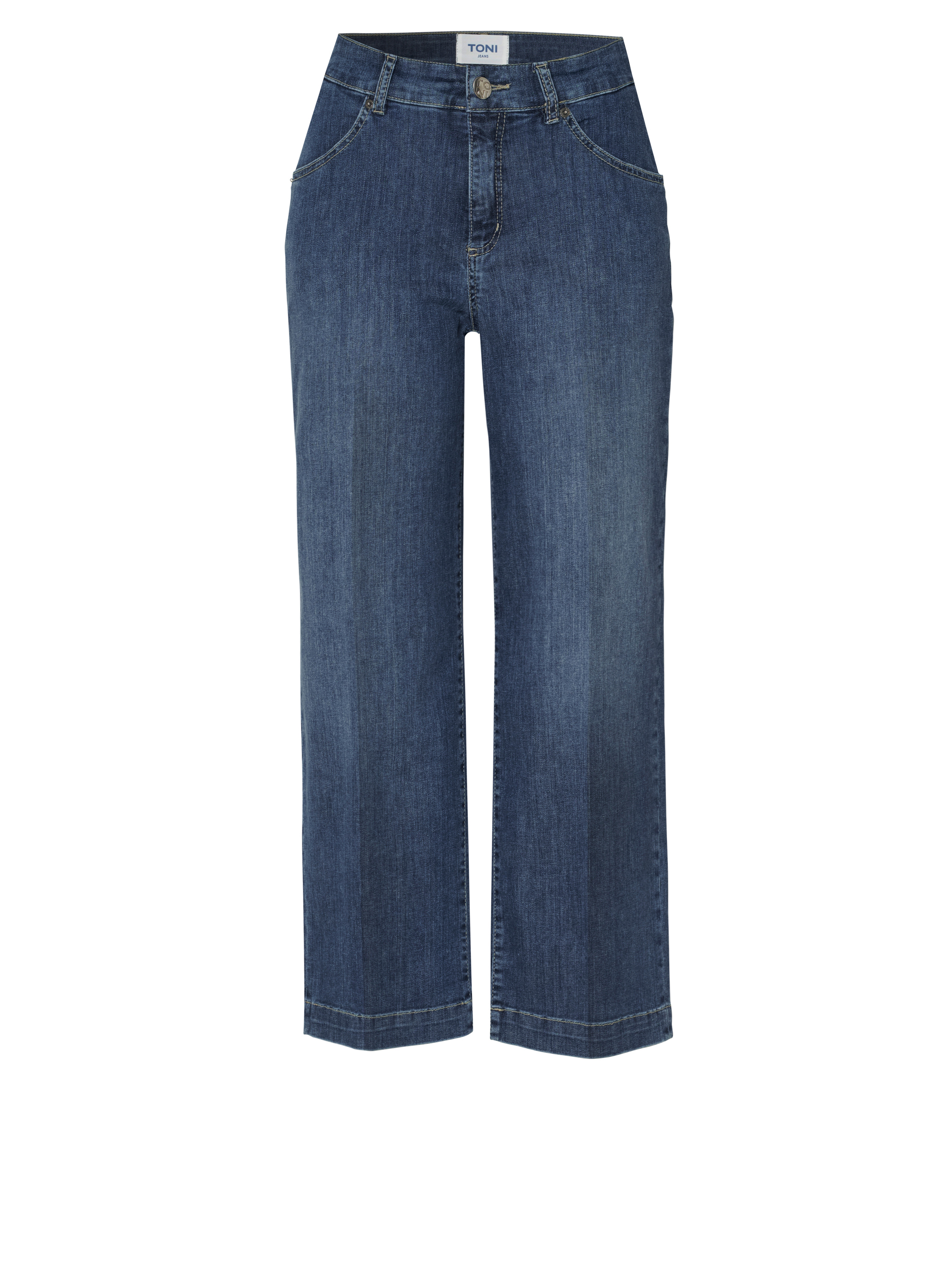 Damenjeans Liv Wide 7/8 in mid blue, Weite 7/8-Jeans mit Buegelfalten, freigestellte Produktansicht