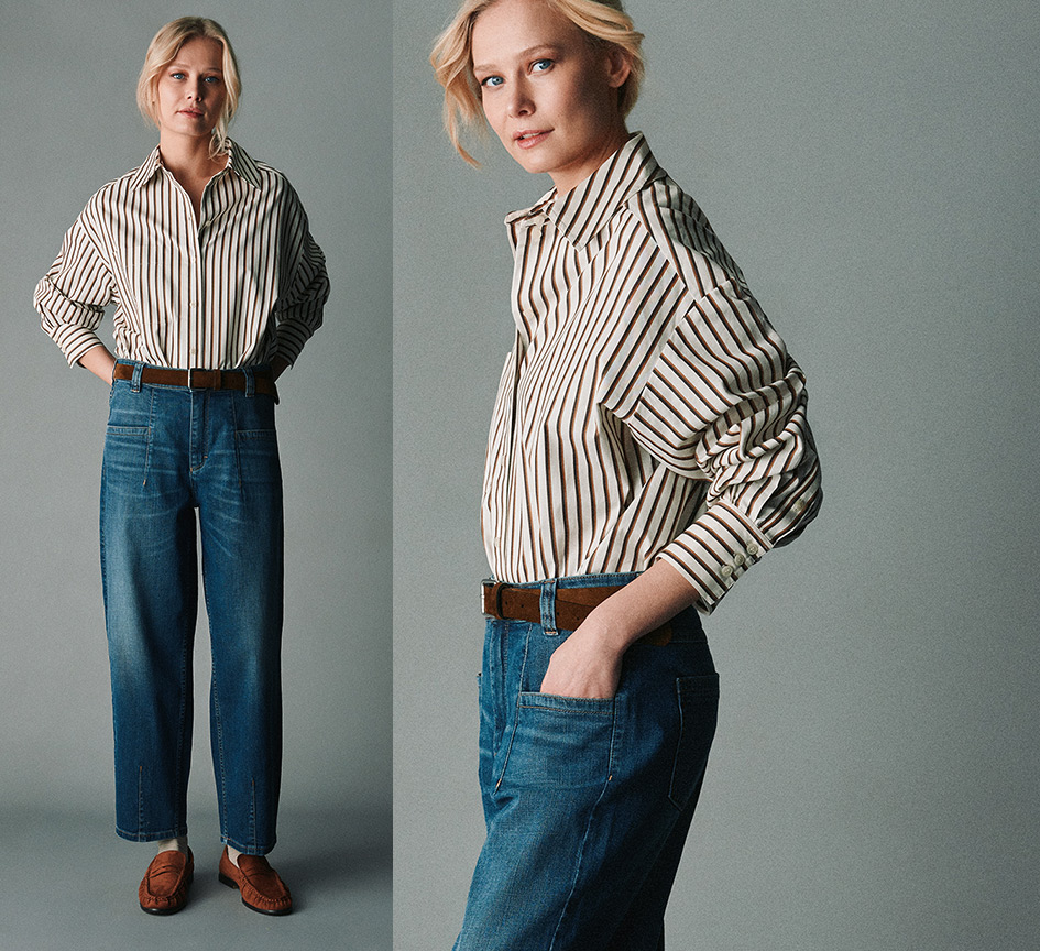 Woman wearing a striped blouse and wide-leg jeans against a grey background – hero teaser for the TONI Autumn 2026 New Arrivals