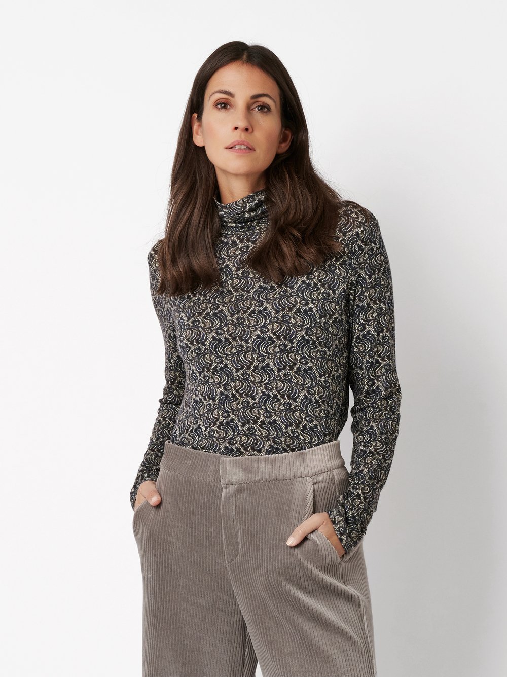 Langarmshirt mit Turtleneck und Spitzenmuster | Style »Danielle« blue/ecru