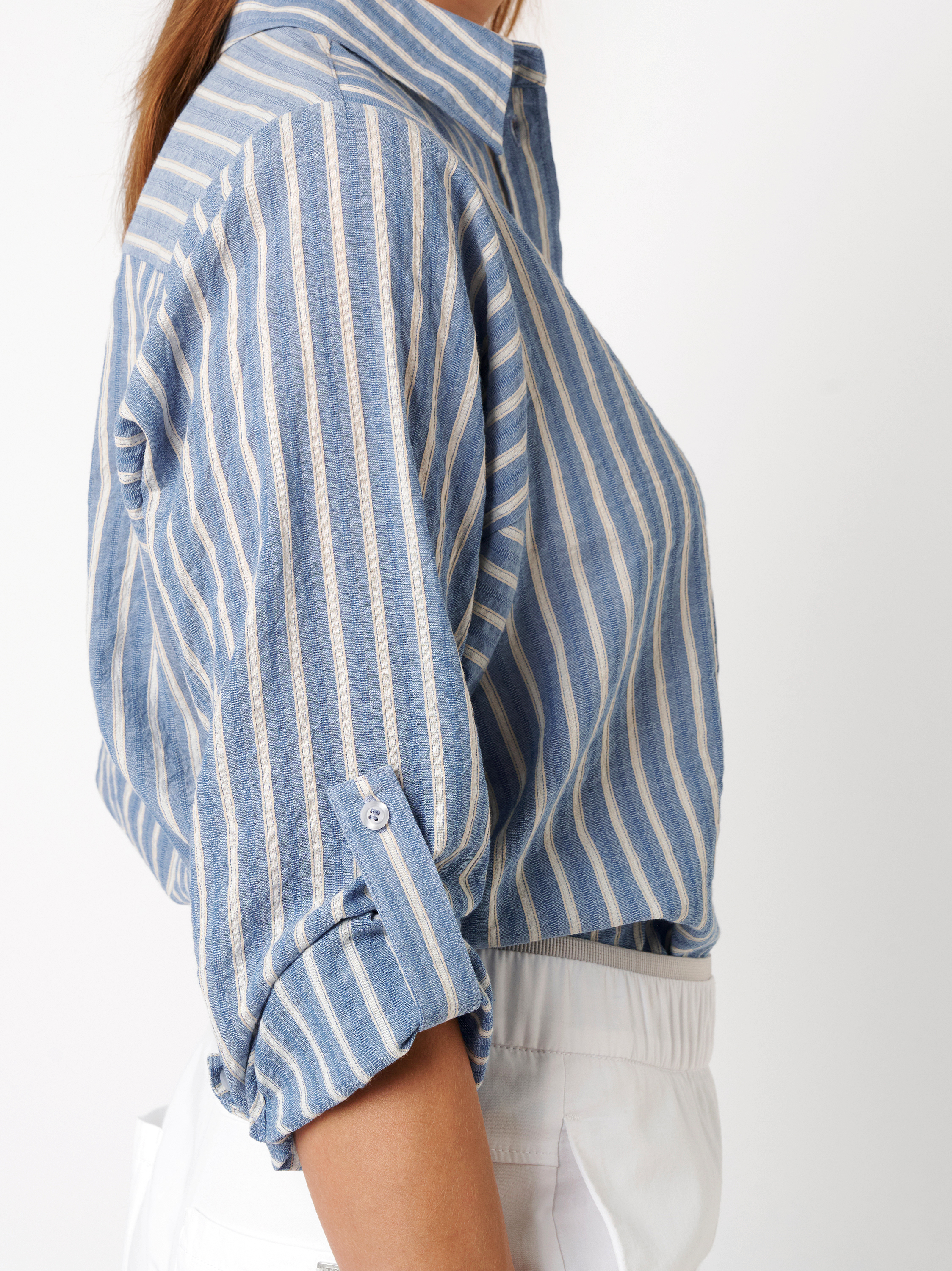Womens blouse Caja in blue / offwhite, striped belted blouse, detail view