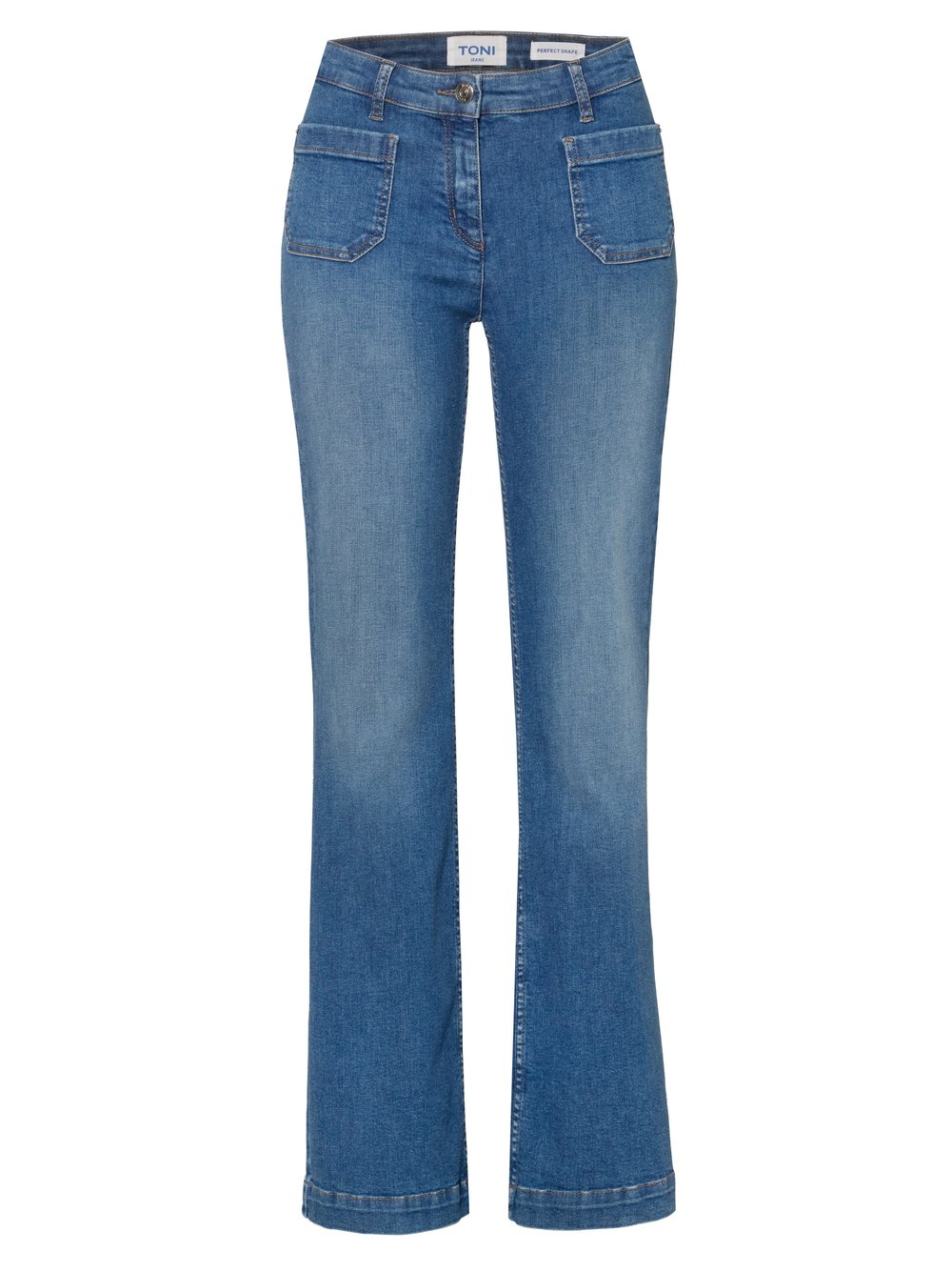 Damenjeans Perfect Shape in Mid Blue Used, bootcut-Jeans mit Fronttaschen, freigestellte Produktansicht