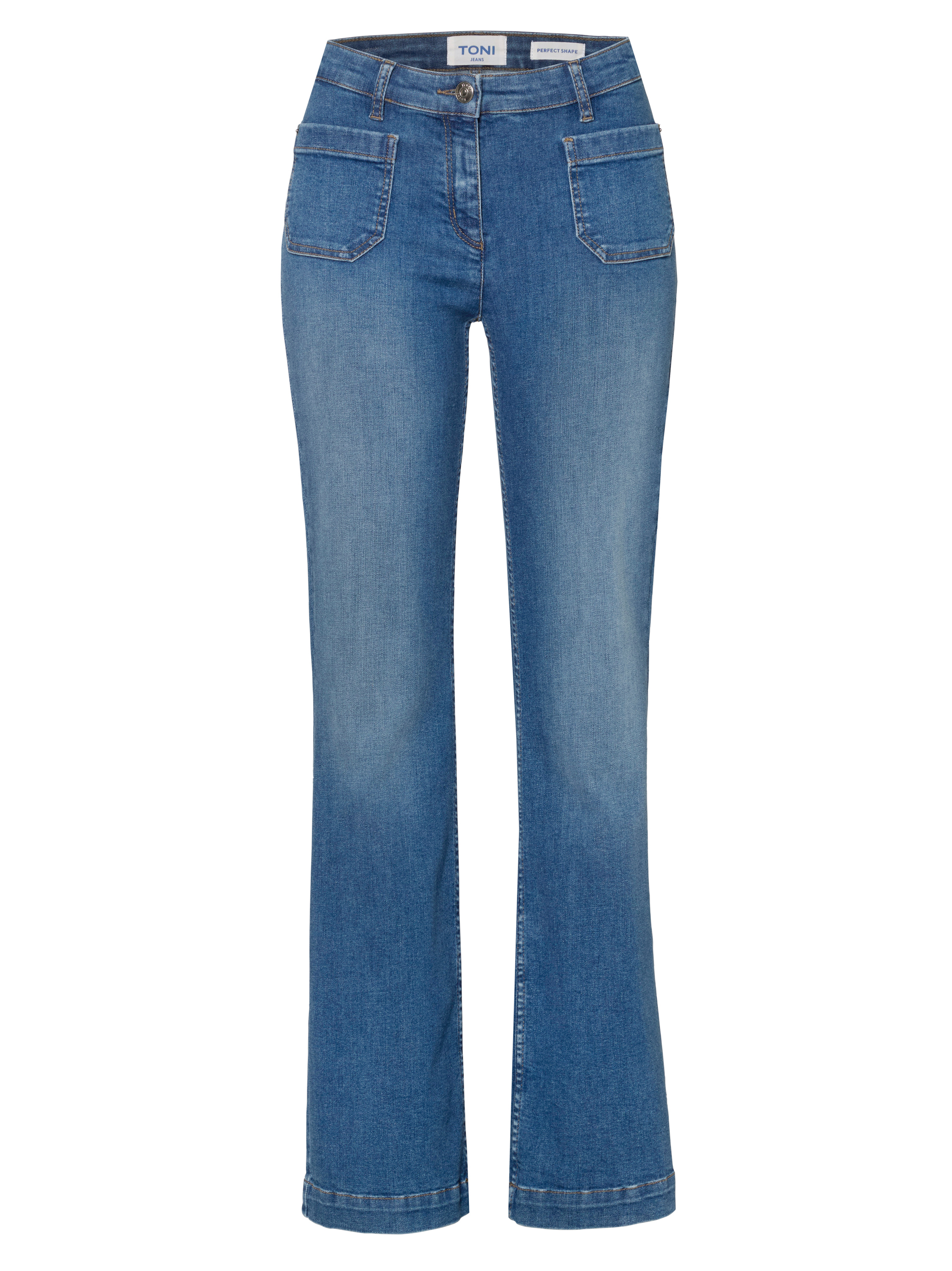 Damenjeans Perfect Shape in Mid Blue Used, bootcut-Jeans mit Fronttaschen, freigestellte Produktansicht
