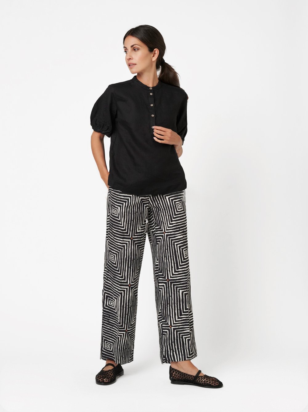 Gemusterte Wide Leg aus Leinen | Style »Pia« black/offwhite