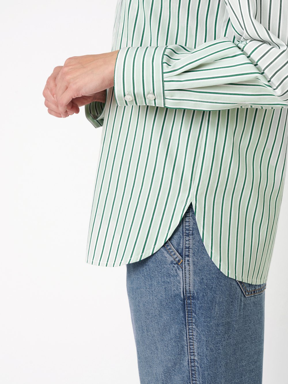 Damenbluse Charly in green / white, gestreiftes Hemd, Detailansicht