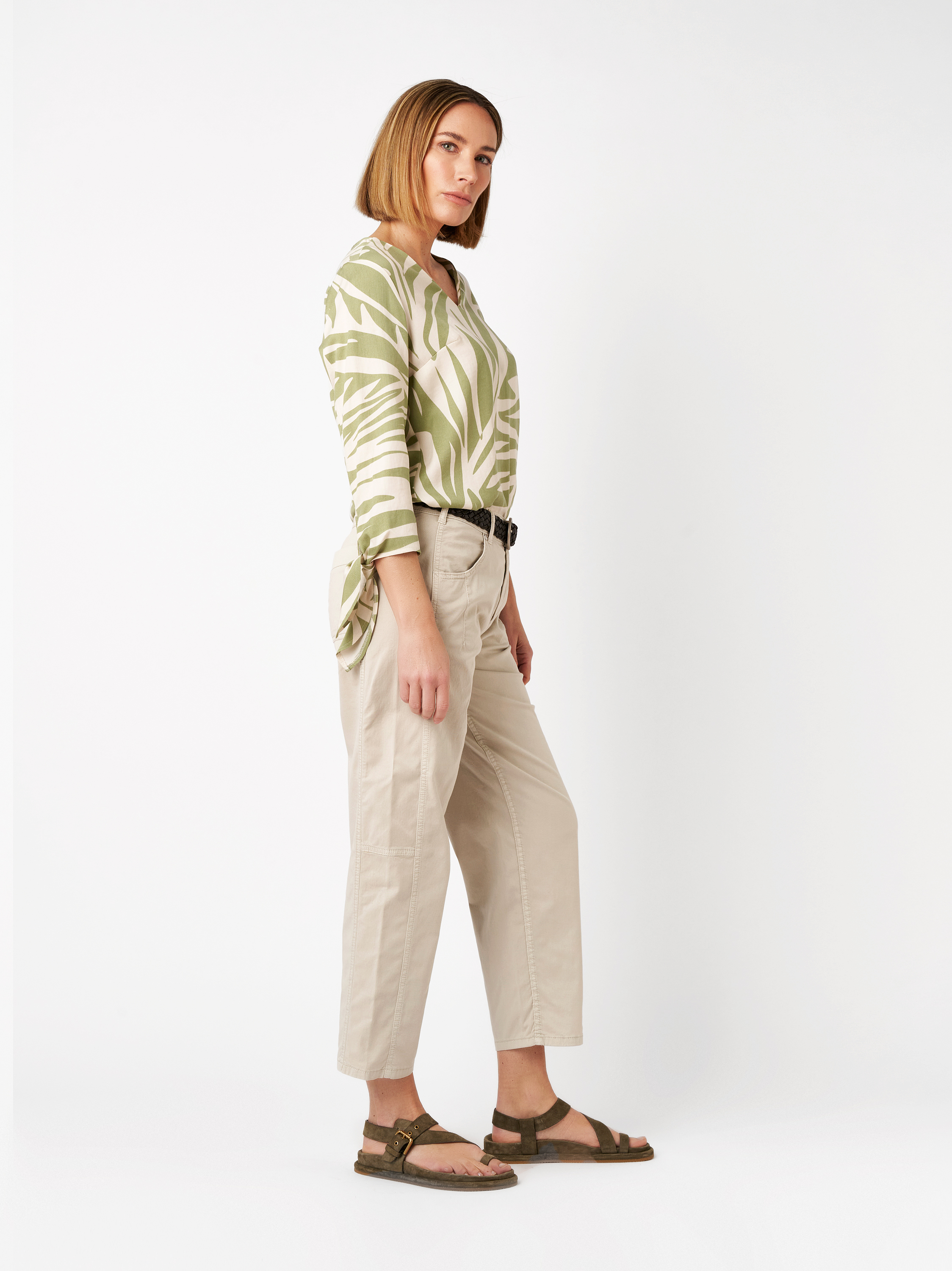 Womens blouse Anna in green / offwhite, elegant, patterned pull-on blouse, outfit view worn by model