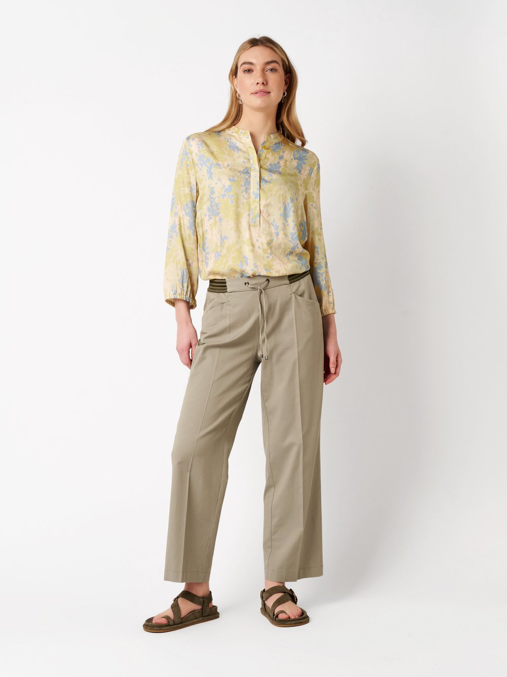 Womens blouse Alis in multicolour green, pull-on blouse with summer print, outfit view worn by model