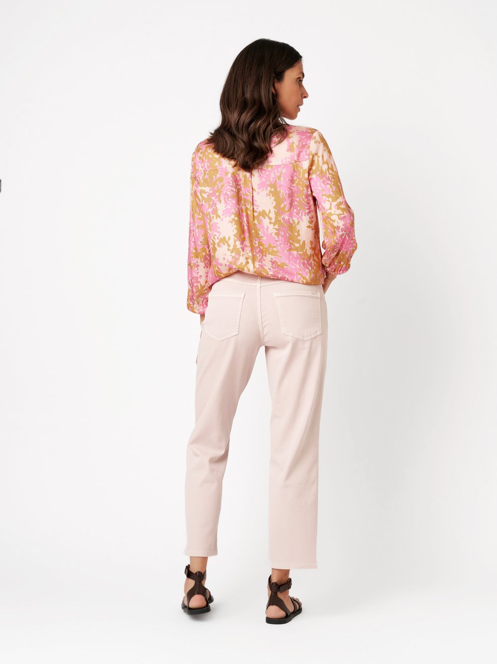 Womens blouse Alis in multicolour pink, pull-on blouse with summer print, back view worn by model