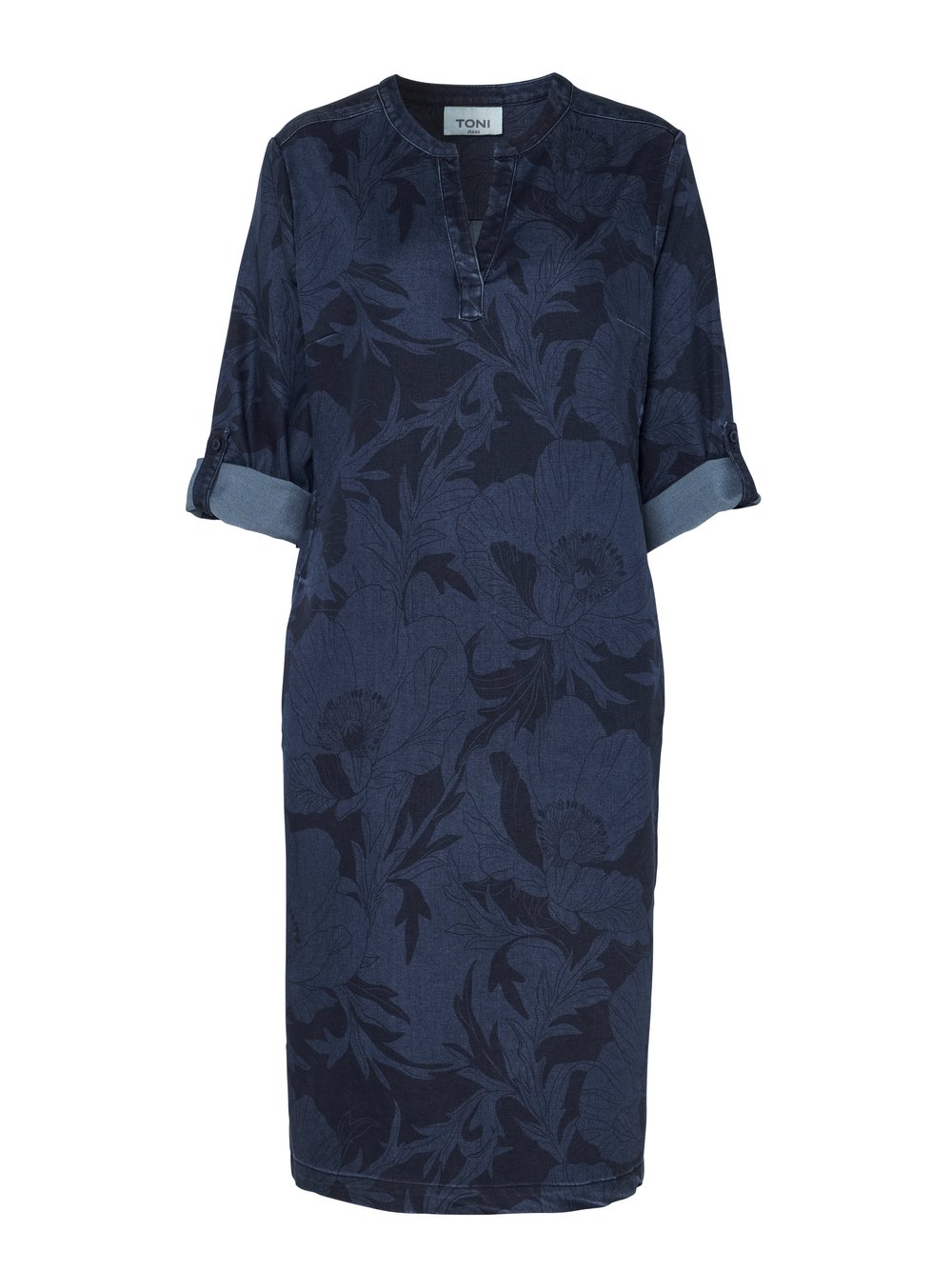 Womens dress Mali in dark blue, jeanskleid with a subtle print, product view