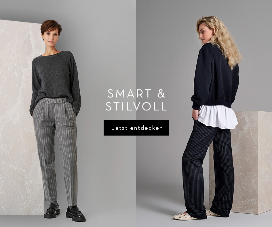 Zwei Modelle in Businesshosen mit Nadelstreifen und lässigen Strickstyles – moderne Looks für Büro und City