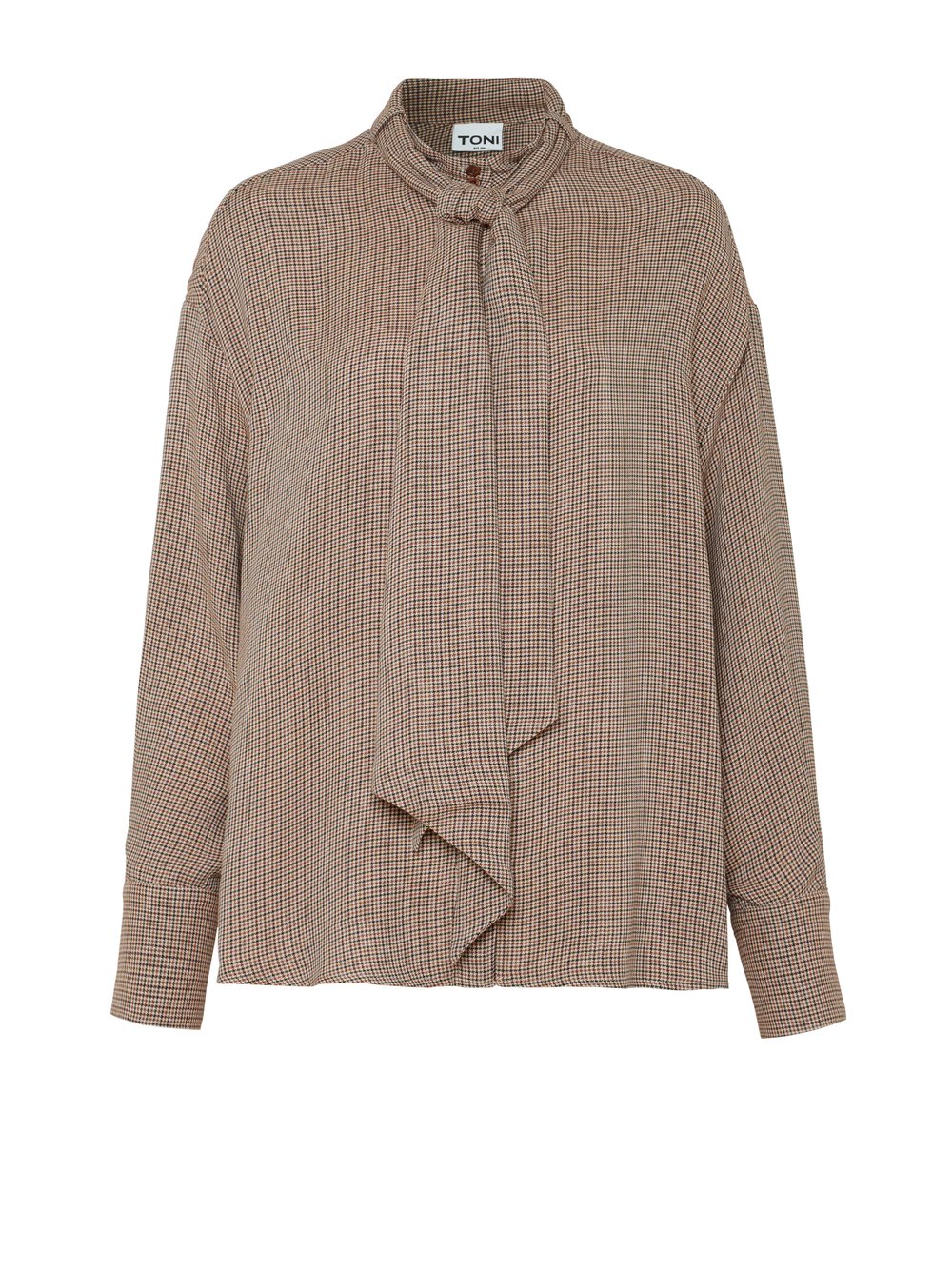 Damenbluse Alva in Camel, Schluppenbluse mit Pepitamuster, freigestellte Produktansicht