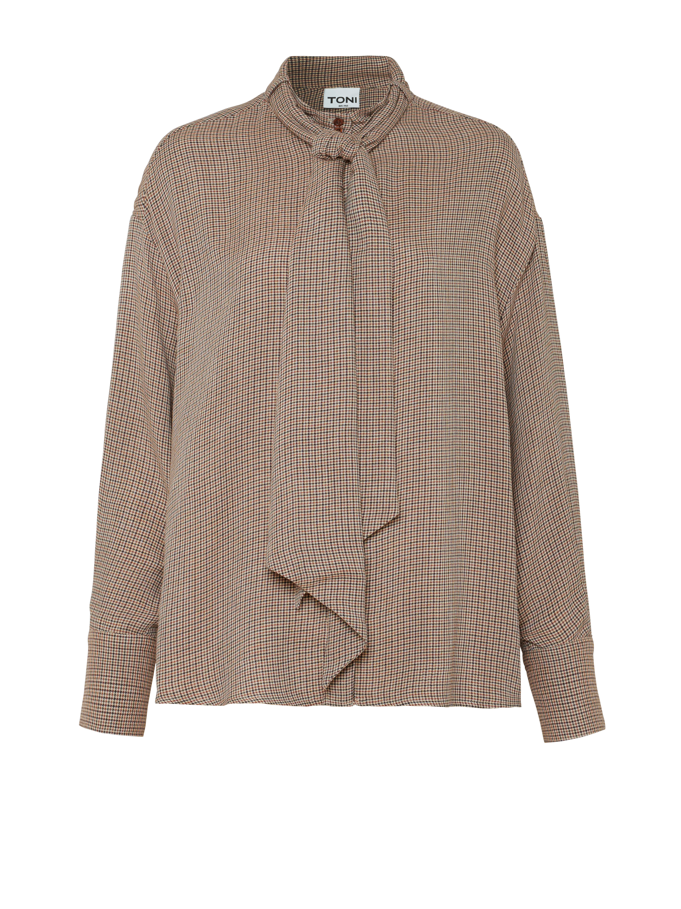 Damenbluse Alva in Camel, Schluppenbluse mit Pepitamuster, freigestellte Produktansicht
