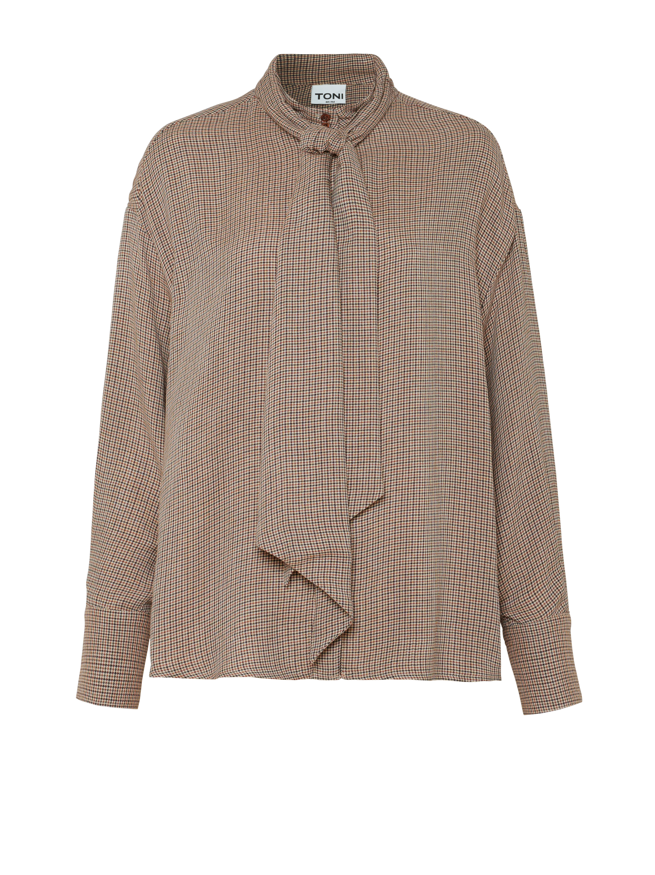 Damenbluse Alva in Camel, Schluppenbluse mit Pepitamuster, freigestellte Produktansicht