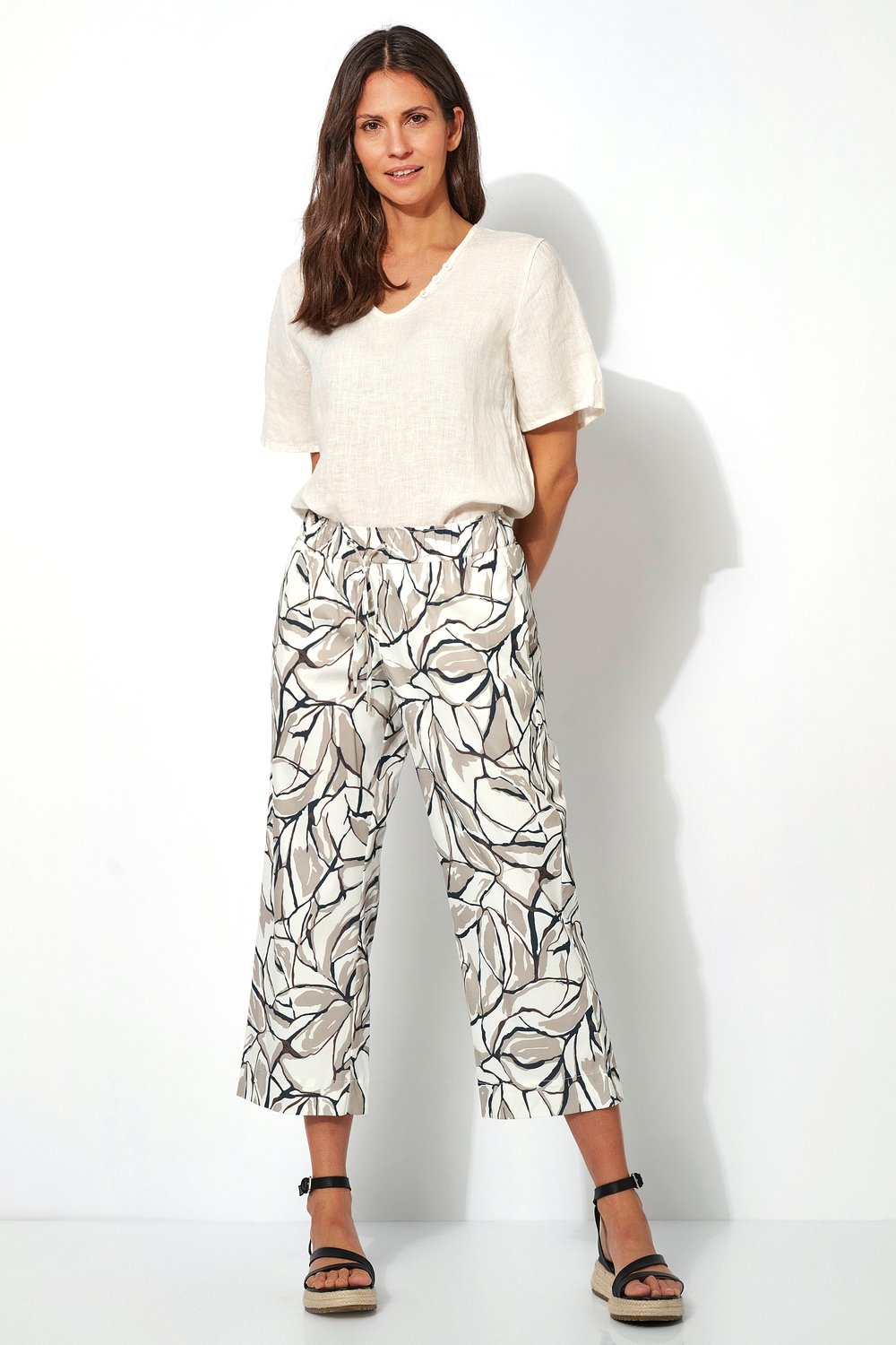 Relaxed, printed 3/4 pants | Style »Pia« ecru/grey