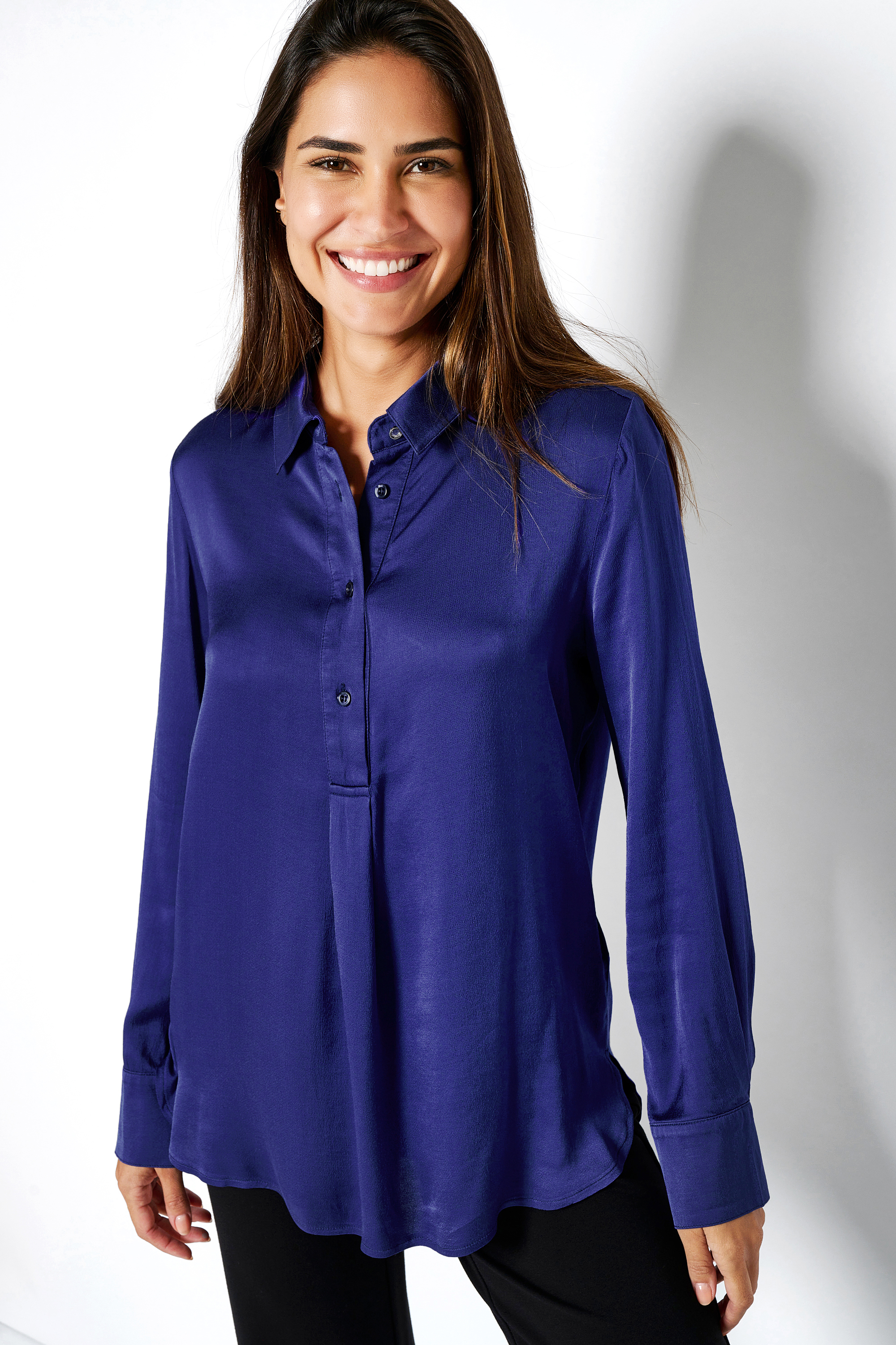 Long sleeve blouse made of satin | Style »Celina« dark blue
