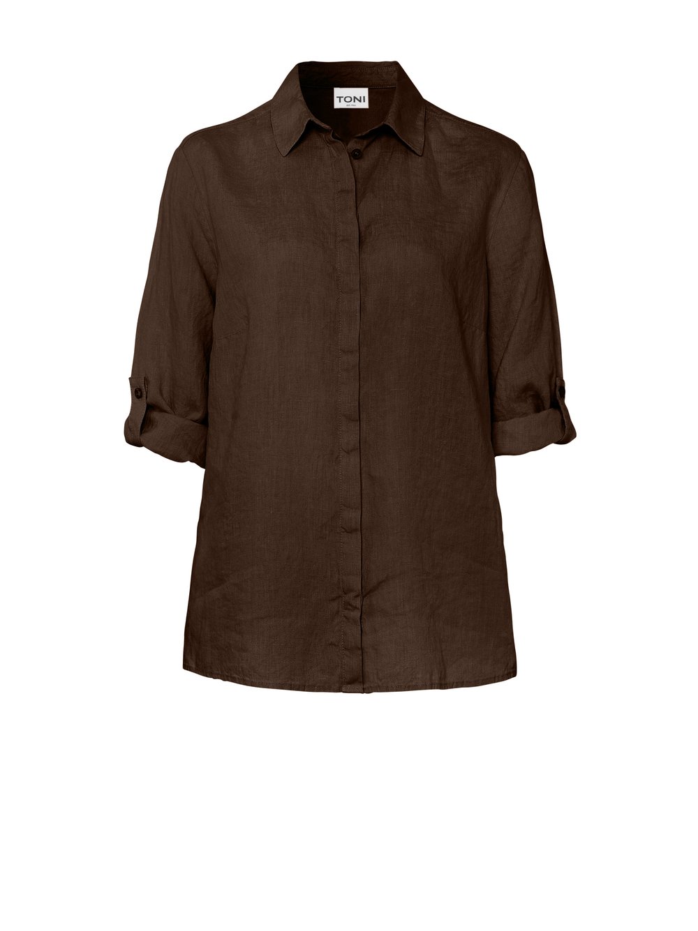 Womens blouse Clay in dark brown, relaxed linen shirt, product view