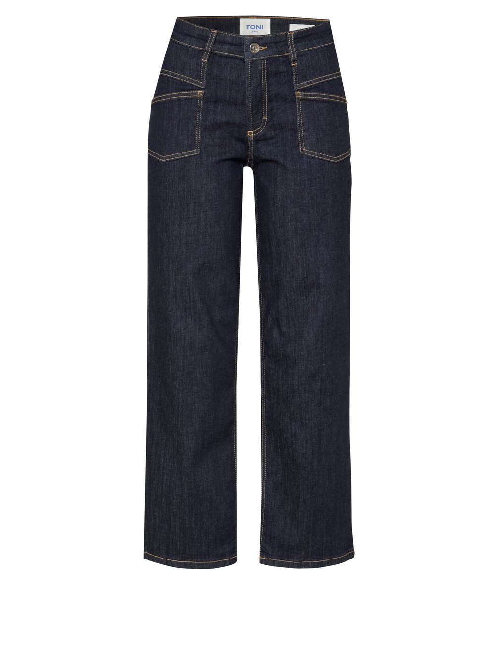 Damenjeans Liv Wide 7/8 in Rinsed Blue, 7/8 Wide-Leg Jeans mit grafischen Fronttaschen, freigestellte Produktansicht