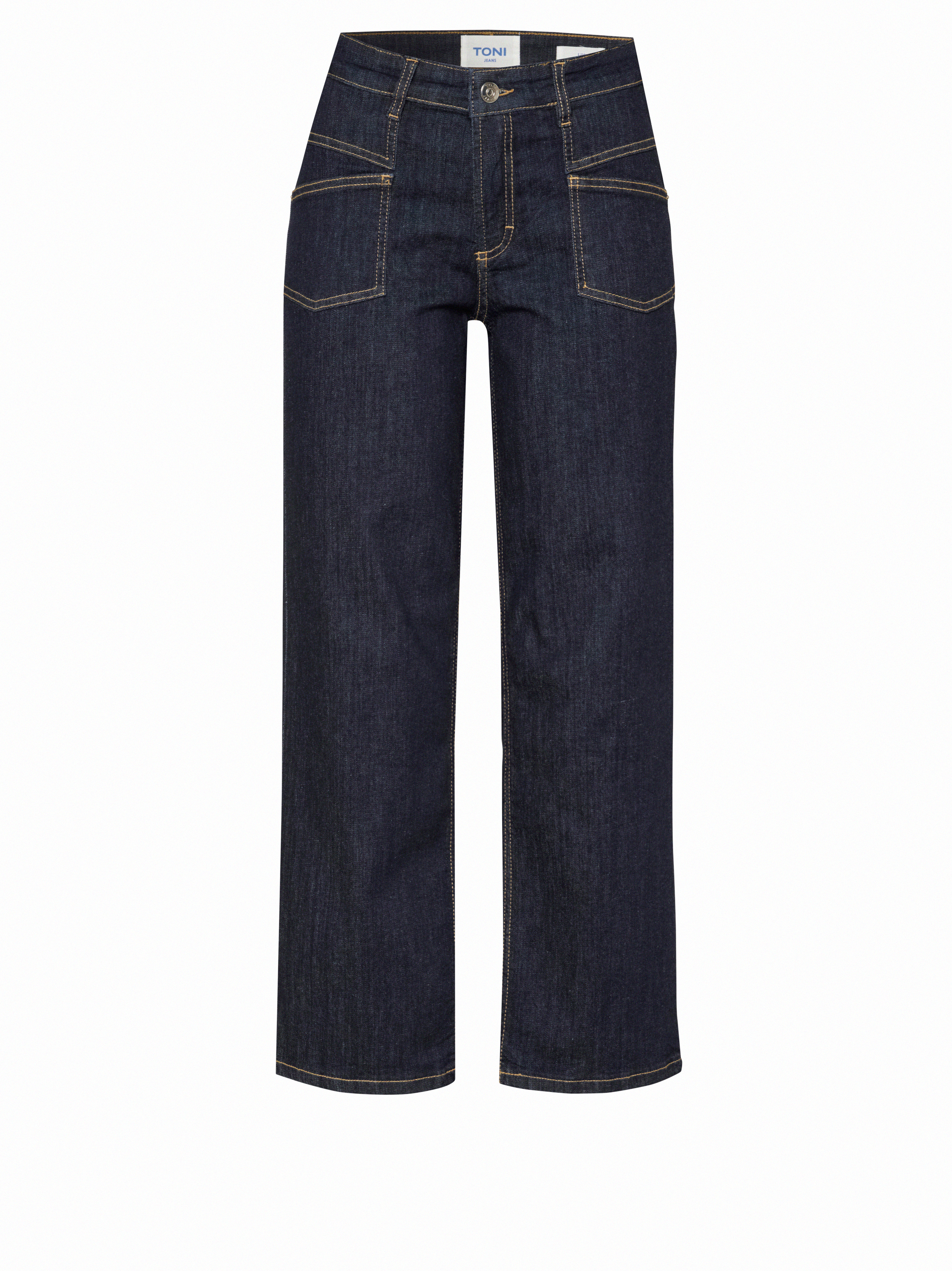 Damenjeans Liv Wide 7/8 in Rinsed Blue, 7/8 Wide-Leg Jeans mit grafischen Fronttaschen, freigestellte Produktansicht