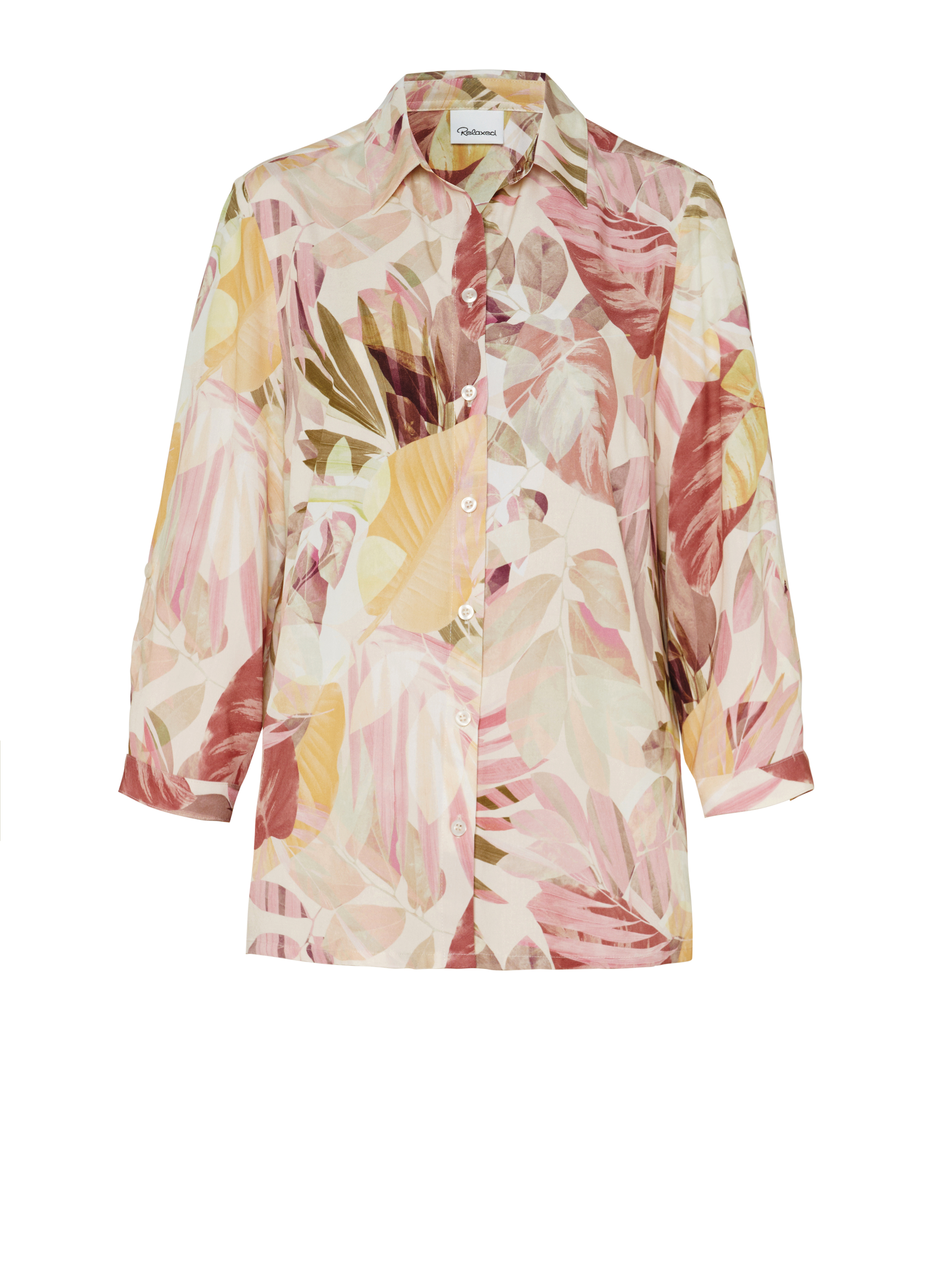 Damenbluse Sweet Bea in multicolour green, Seidige Bluse mit tropischem Print, freigestellte Produktansicht