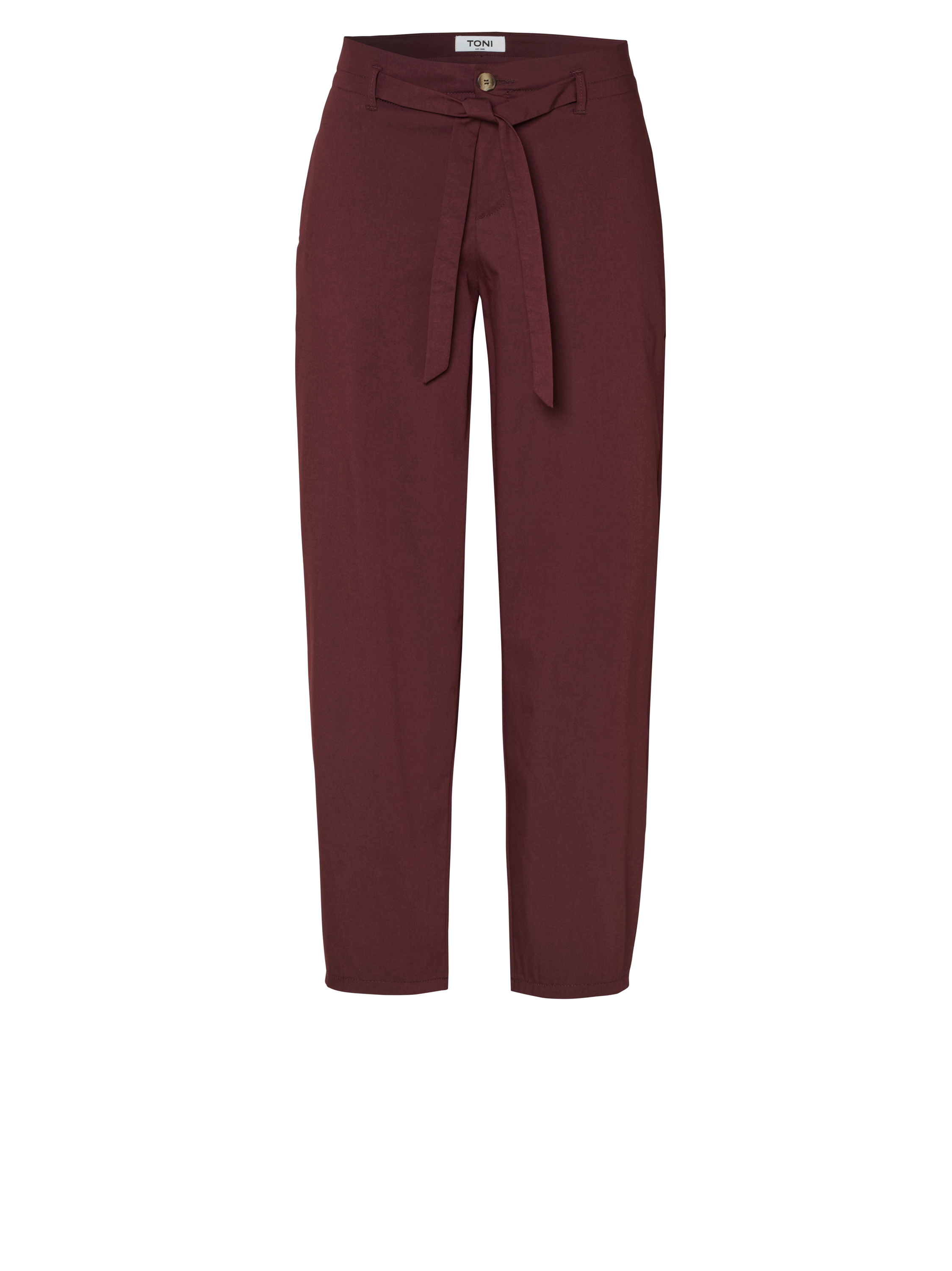 Damenhose Elli Barrel in dark berry, Elegante Barrel-Fit mit Bindeguertel, freigestellte Produktansicht