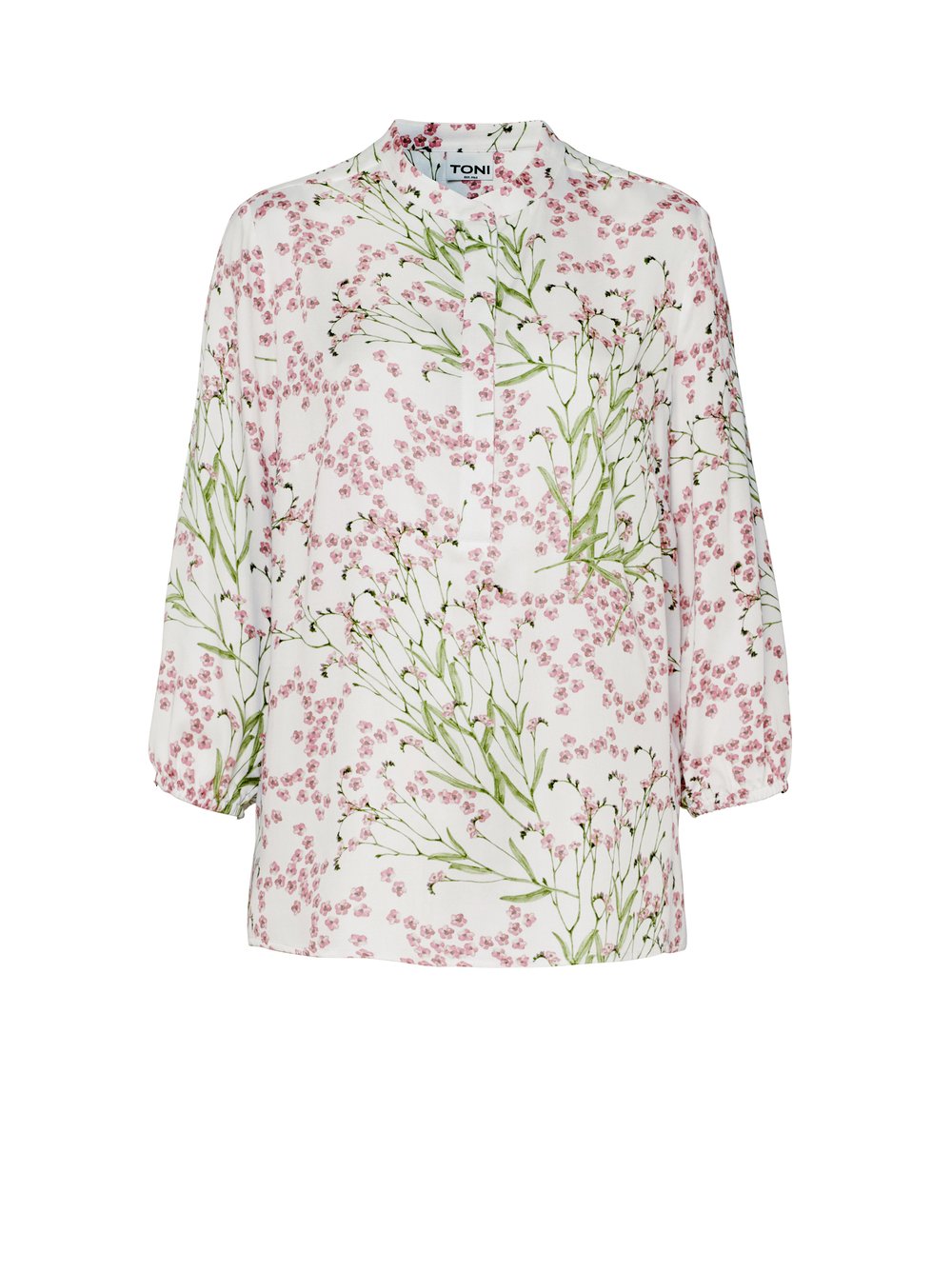 Damenbluse Bella in multicolour pink, seidige Schlupfbluse mit Flowerprint, freigestellte Produktansicht